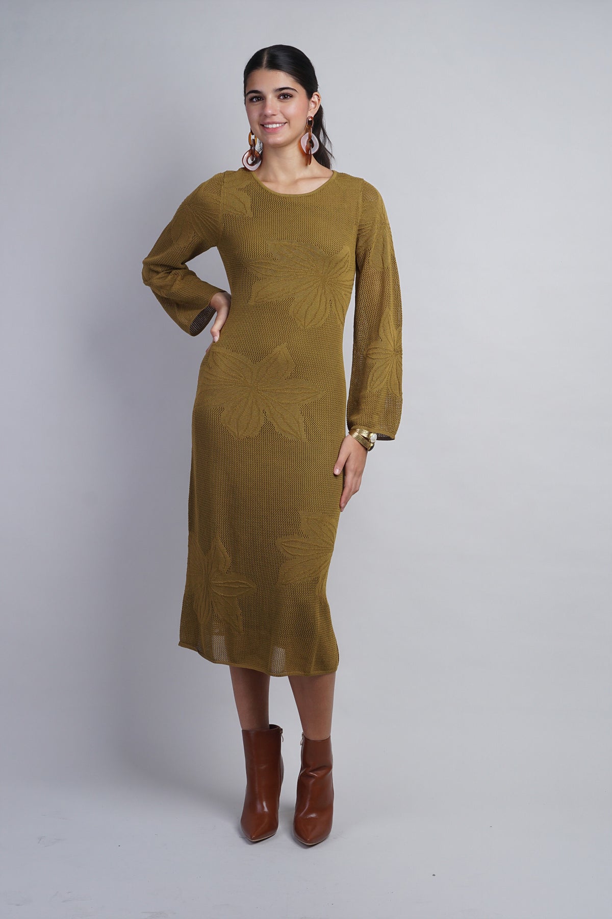 Olive Flower Motif Long Sleeve Crochet Midi Dress