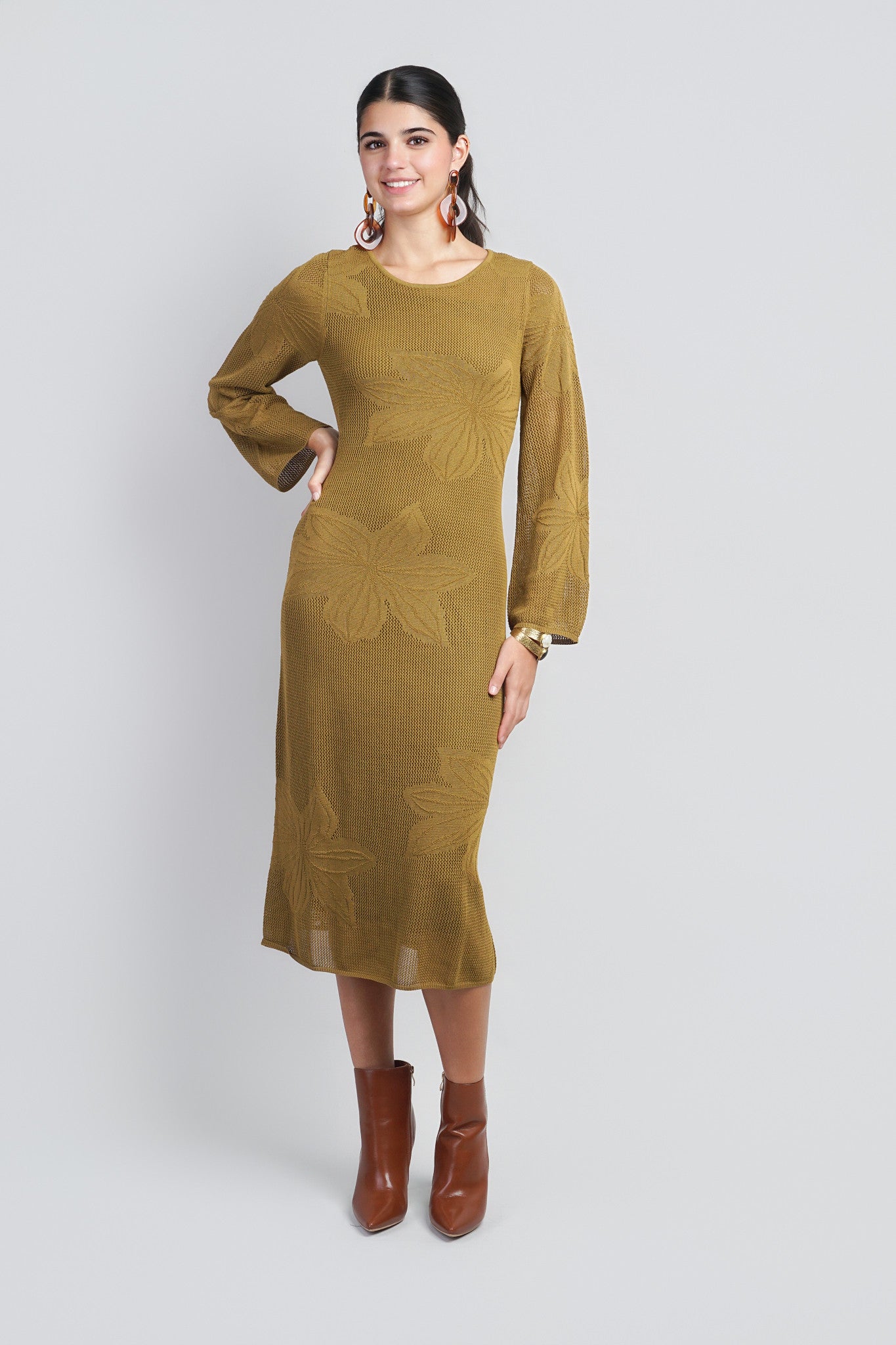Olive Flower Motif Long Sleeve Crochet Midi Dress