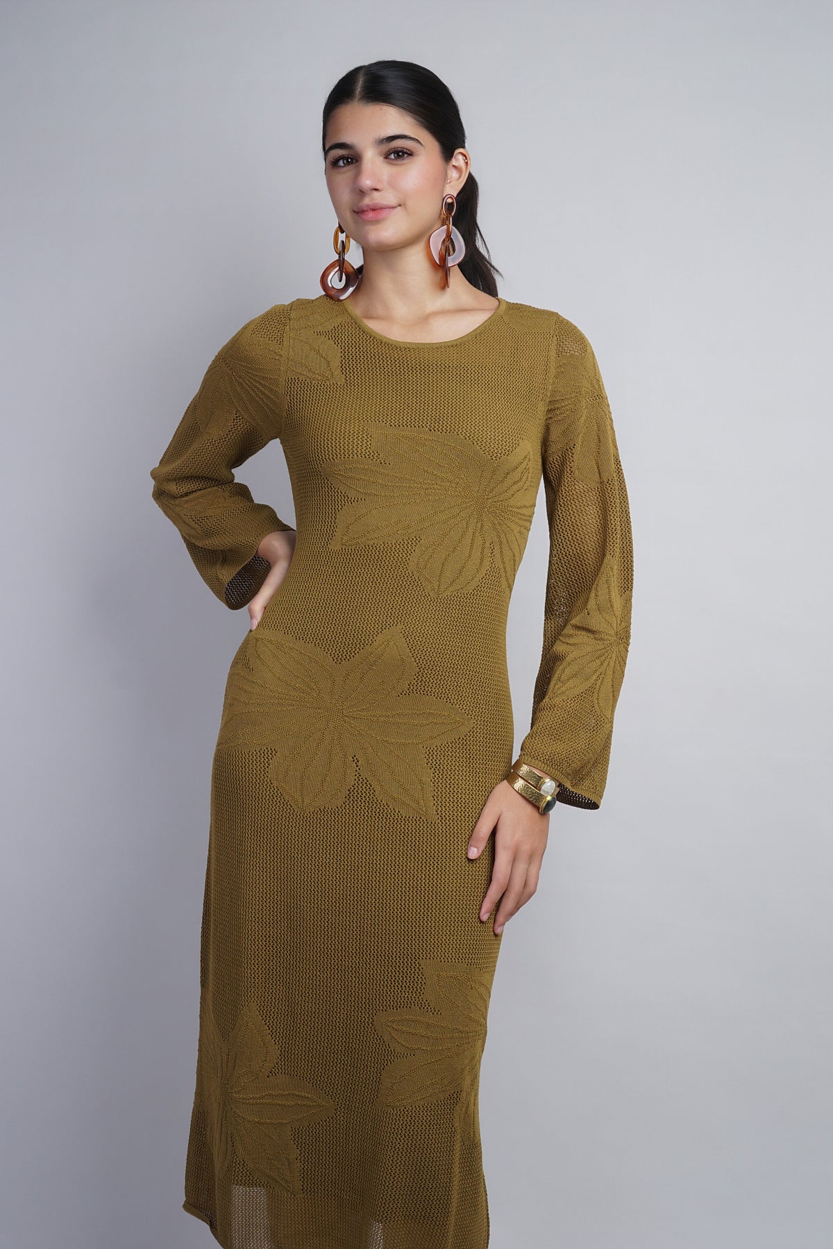 Olive Flower Motif Long Sleeve Crochet Midi Dress