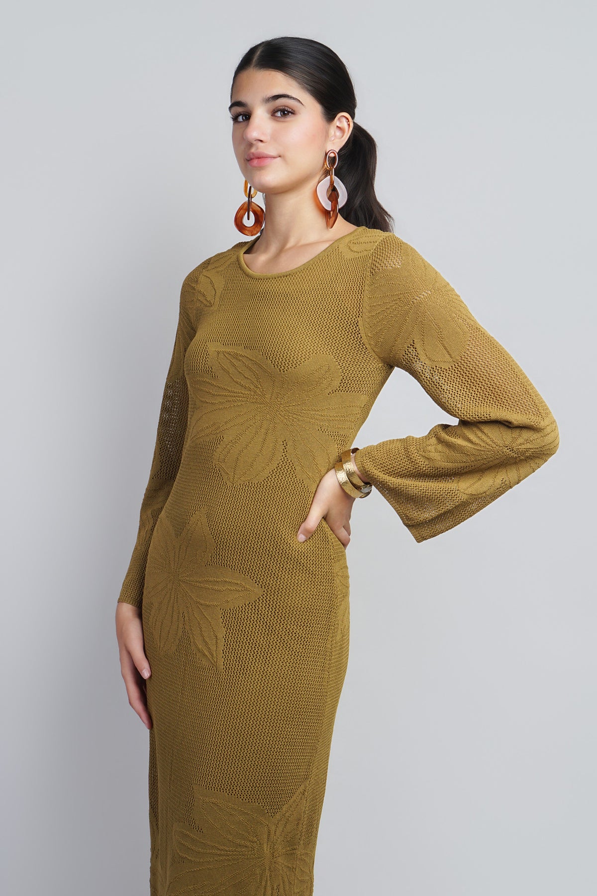 Olive Flower Motif Long Sleeve Crochet Midi Dress