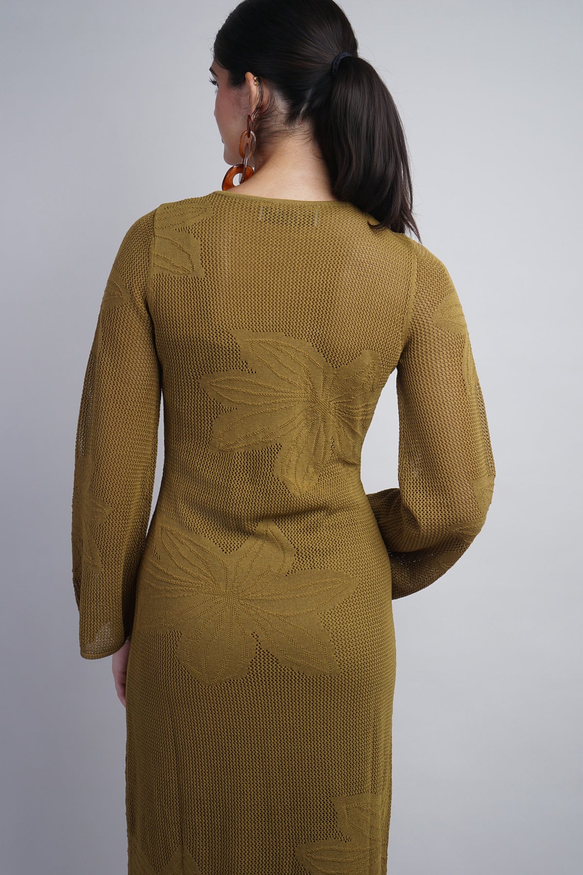 Olive Flower Motif Long Sleeve Crochet Midi Dress