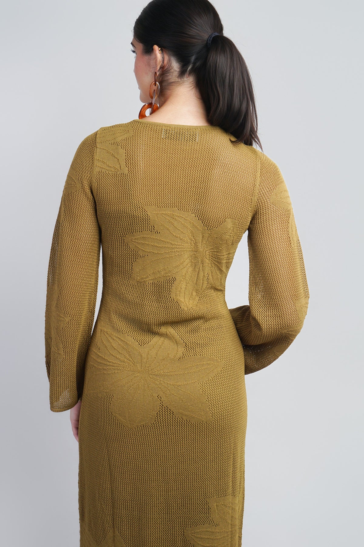 Olive Flower Motif Long Sleeve Crochet Midi Dress