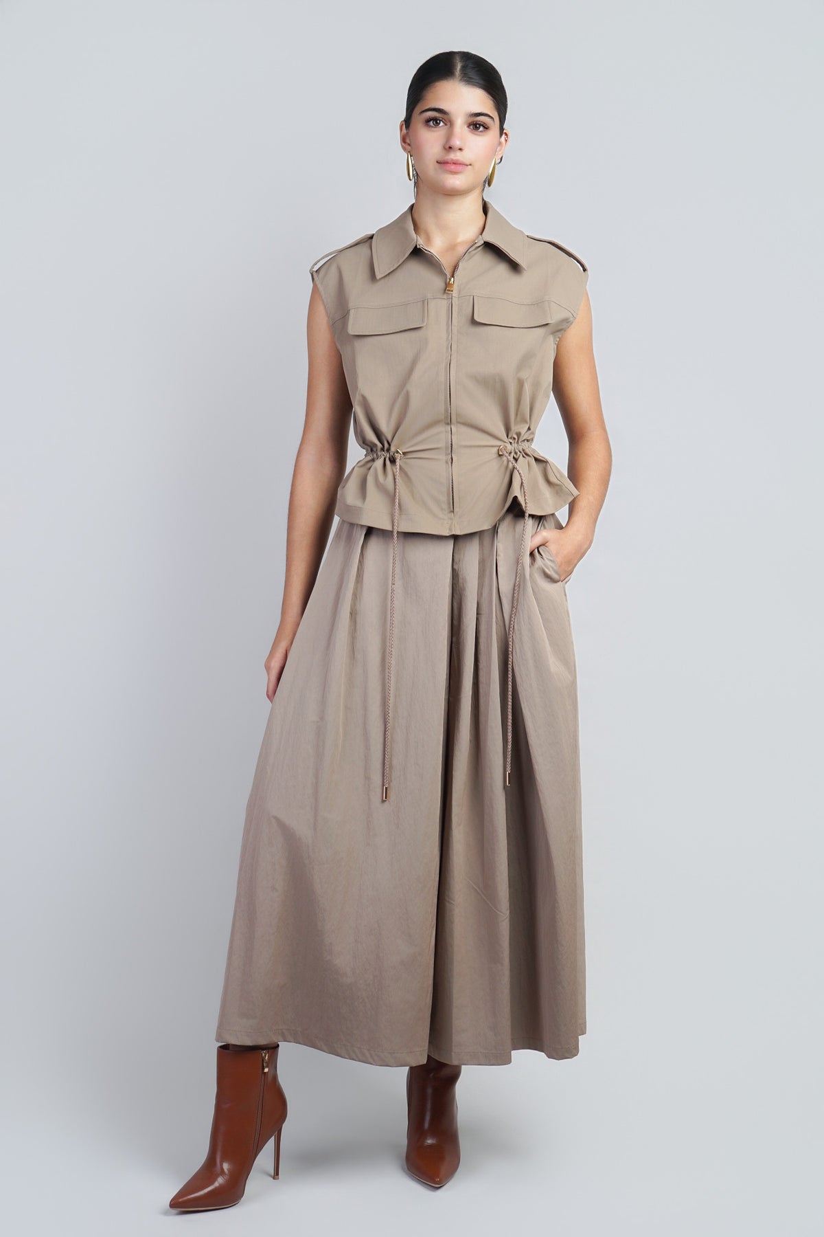 Khaki Utility Zip-up Drawstring Vest