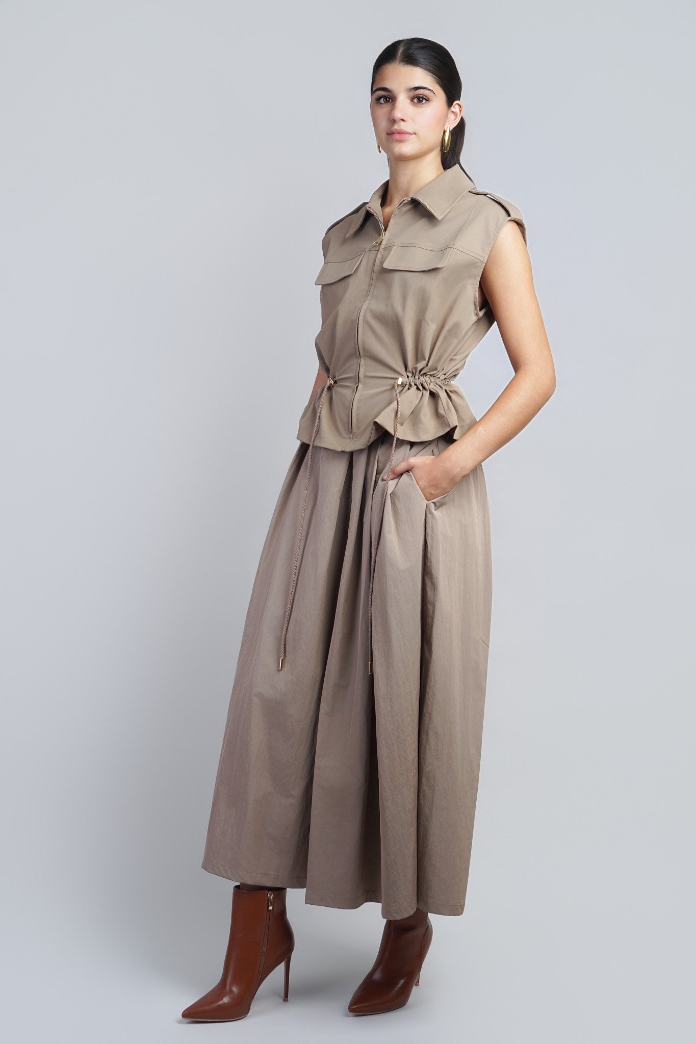 Khaki Utility Zip-up Drawstring Vest