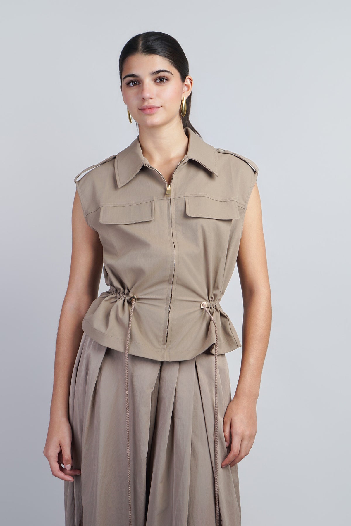 Khaki Utility Zip-up Drawstring Vest