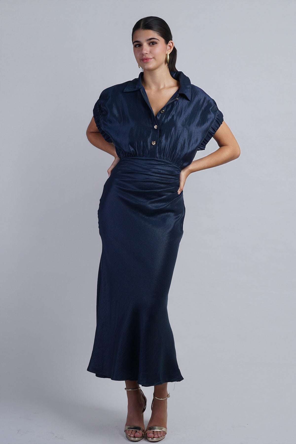 Navy Metallic Short Sleeve Dress w/ Buttons