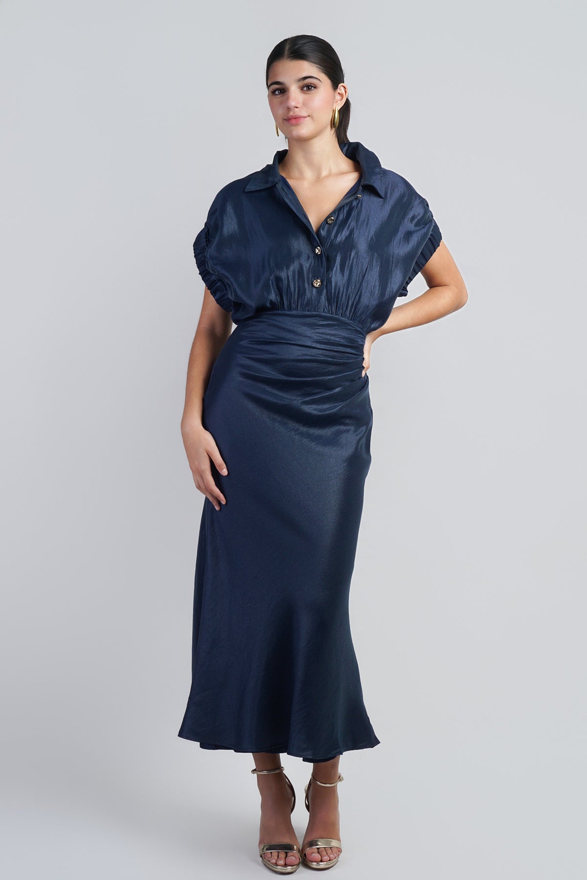 Navy Metallic Short Sleeve Dress w/ Buttons