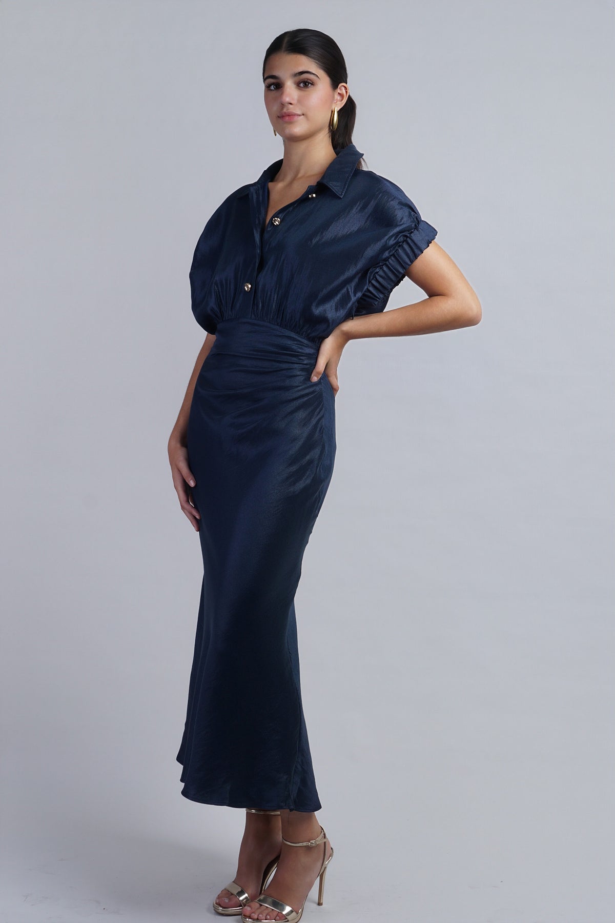 Navy Metallic Short Sleeve Dress w/ Buttons