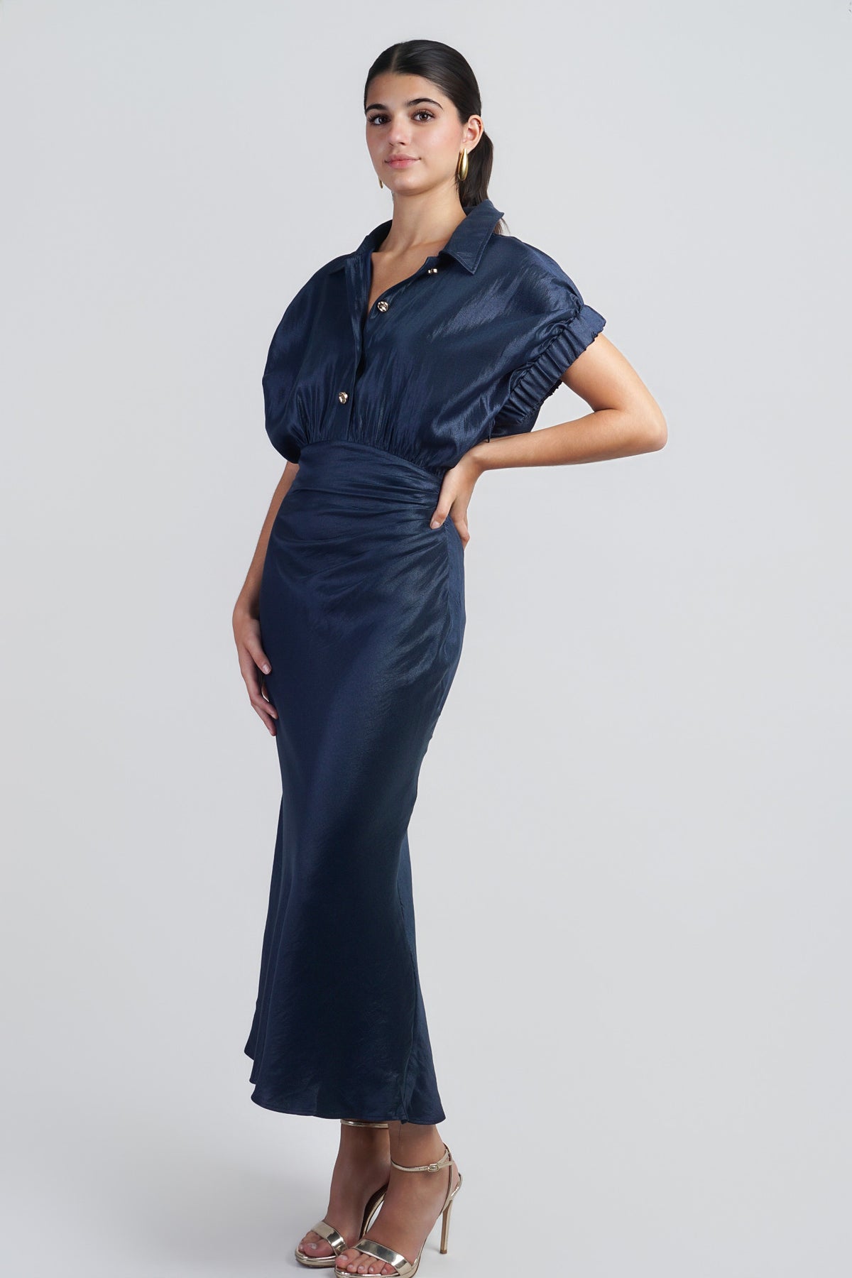 Navy Metallic Short Sleeve Dress w/ Buttons