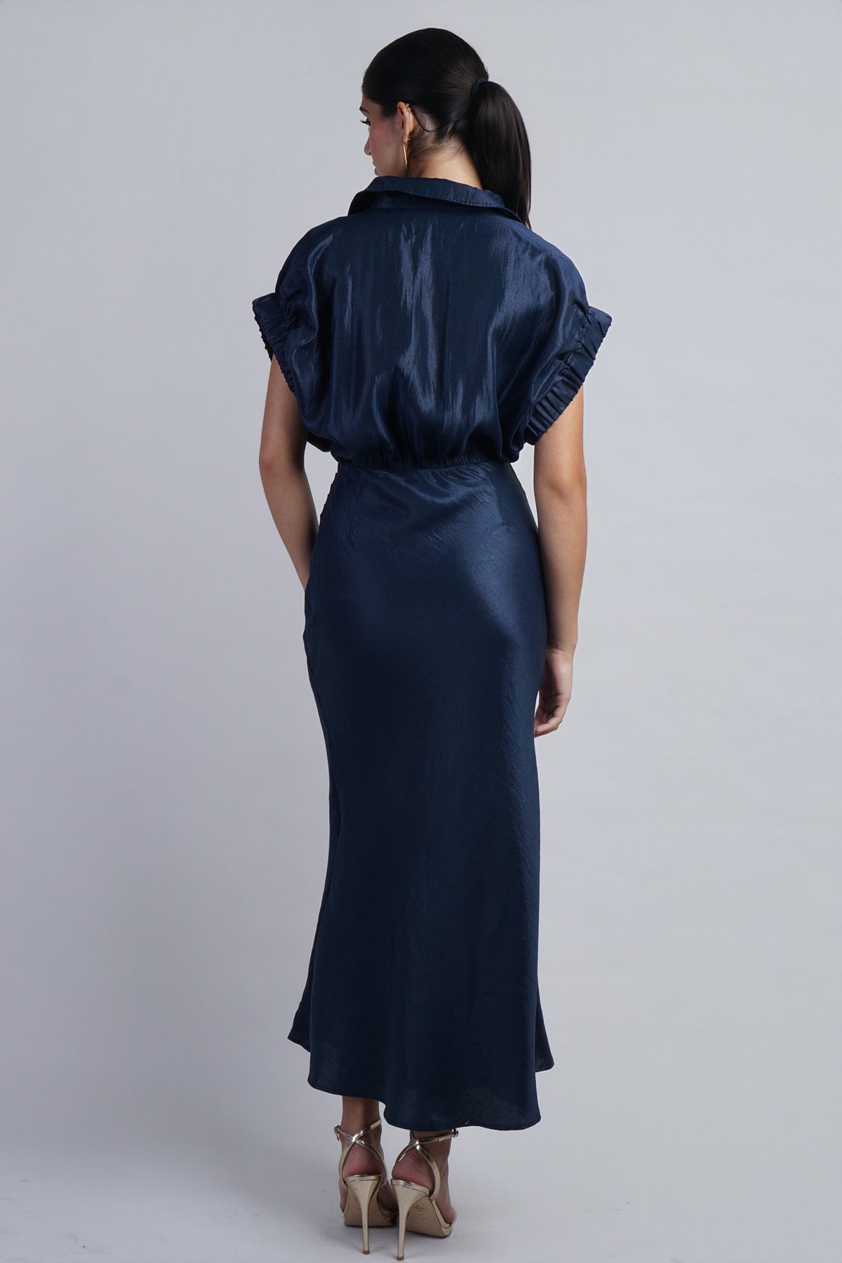 Navy Metallic Short Sleeve Dress w/ Buttons