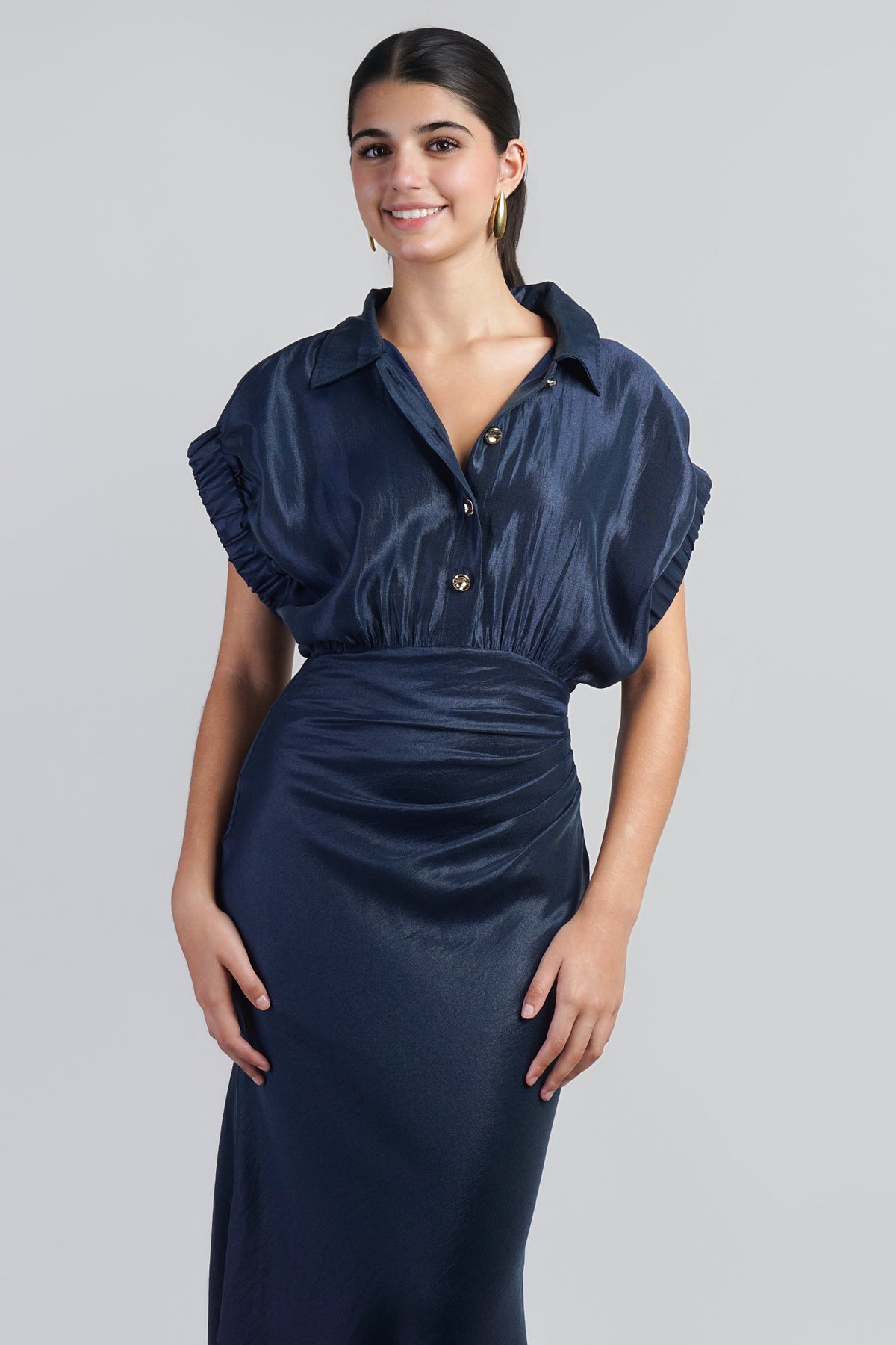 Navy Metallic Short Sleeve Dress w/ Buttons