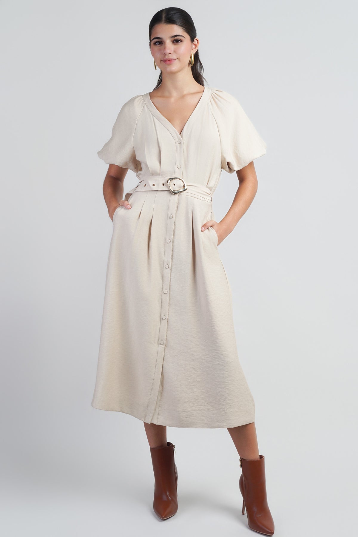 Taupe Raglan Bubble SLV Button Down Midi Dress W Belt