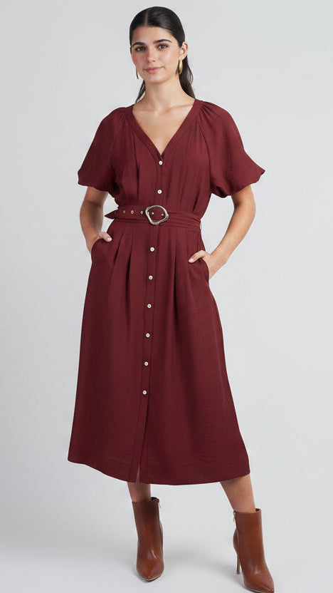 Wine Raglan Bubble SLV Button Down Midi Dress W Belt