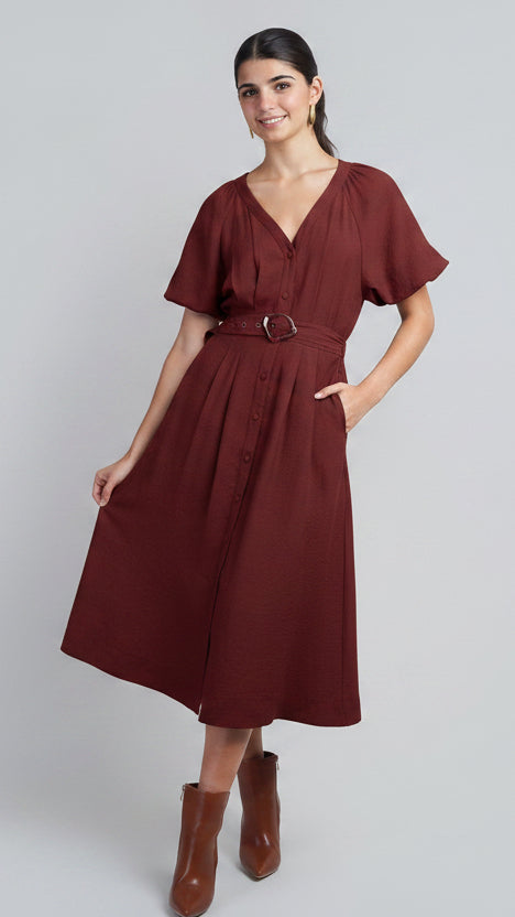 Wine Raglan Bubble SLV Button Down Midi Dress W Belt