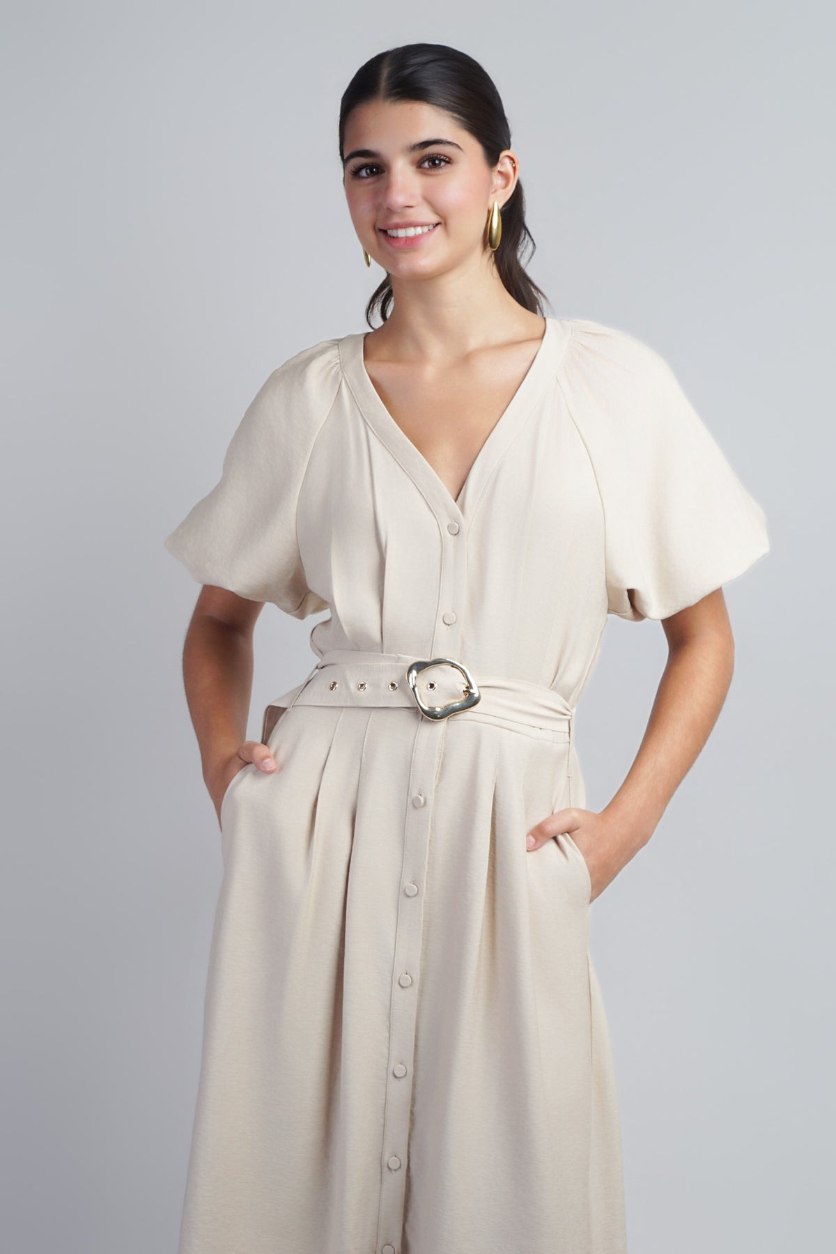 Taupe Raglan Bubble SLV Button Down Midi Dress W Belt