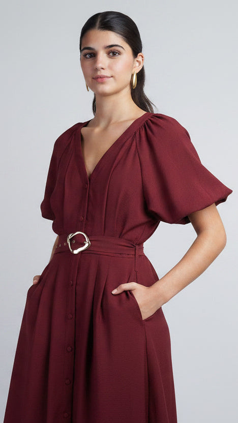 Wine Raglan Bubble SLV Button Down Midi Dress W Belt
