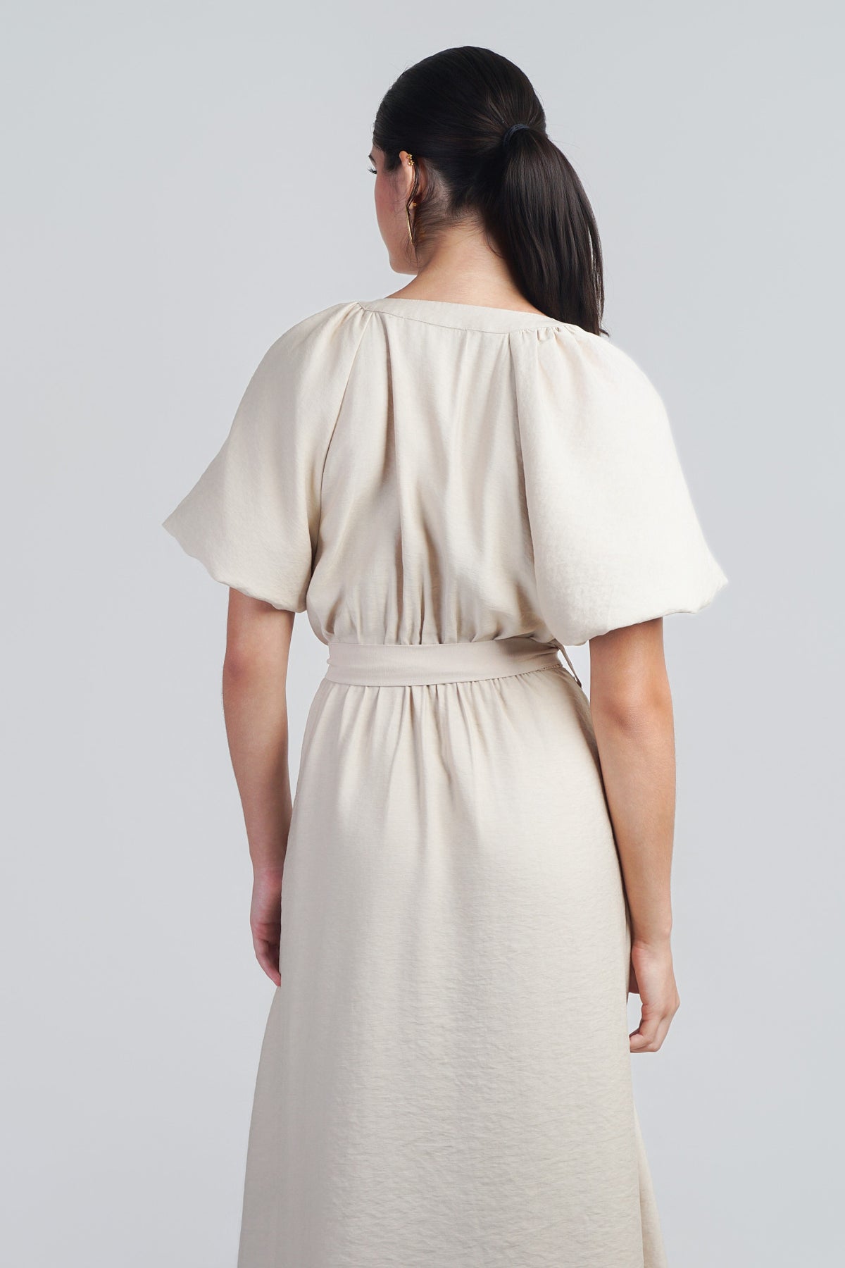 Taupe Raglan Bubble SLV Button Down Midi Dress W Belt