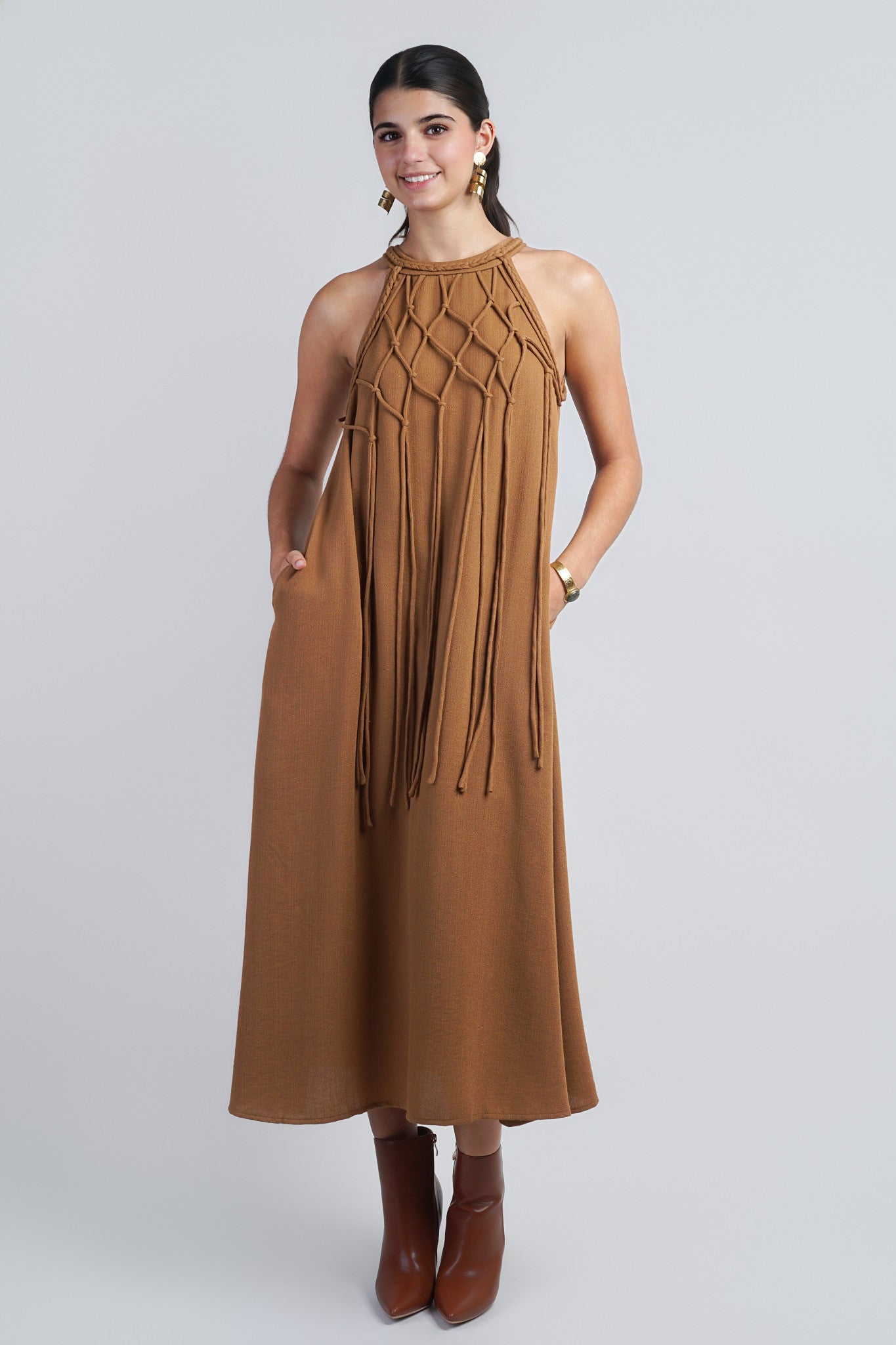 Golden Brown Halter-Macrame Tassel Midi Dress
