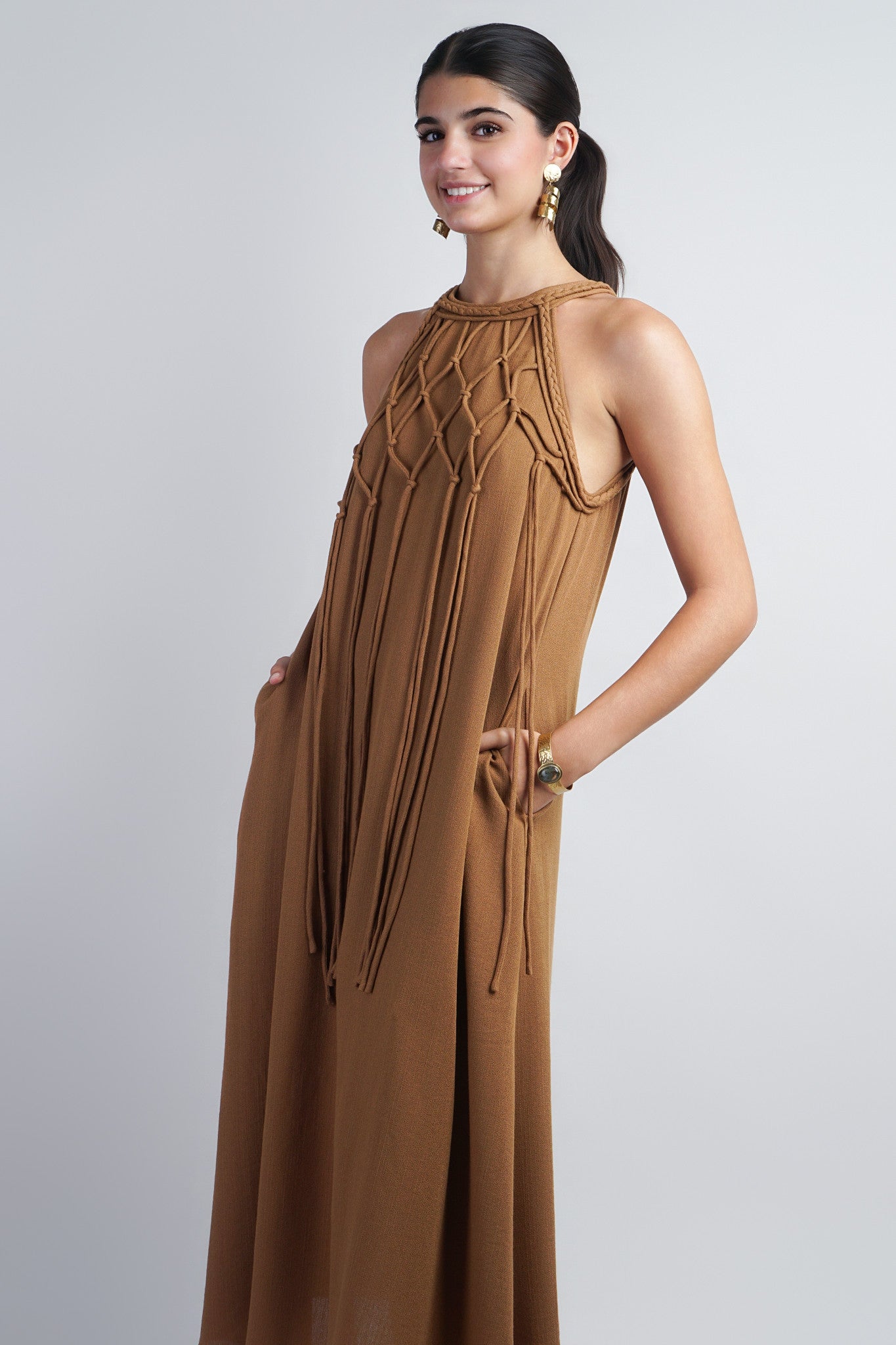 Golden Brown Halter-Macrame Tassel Midi Dress