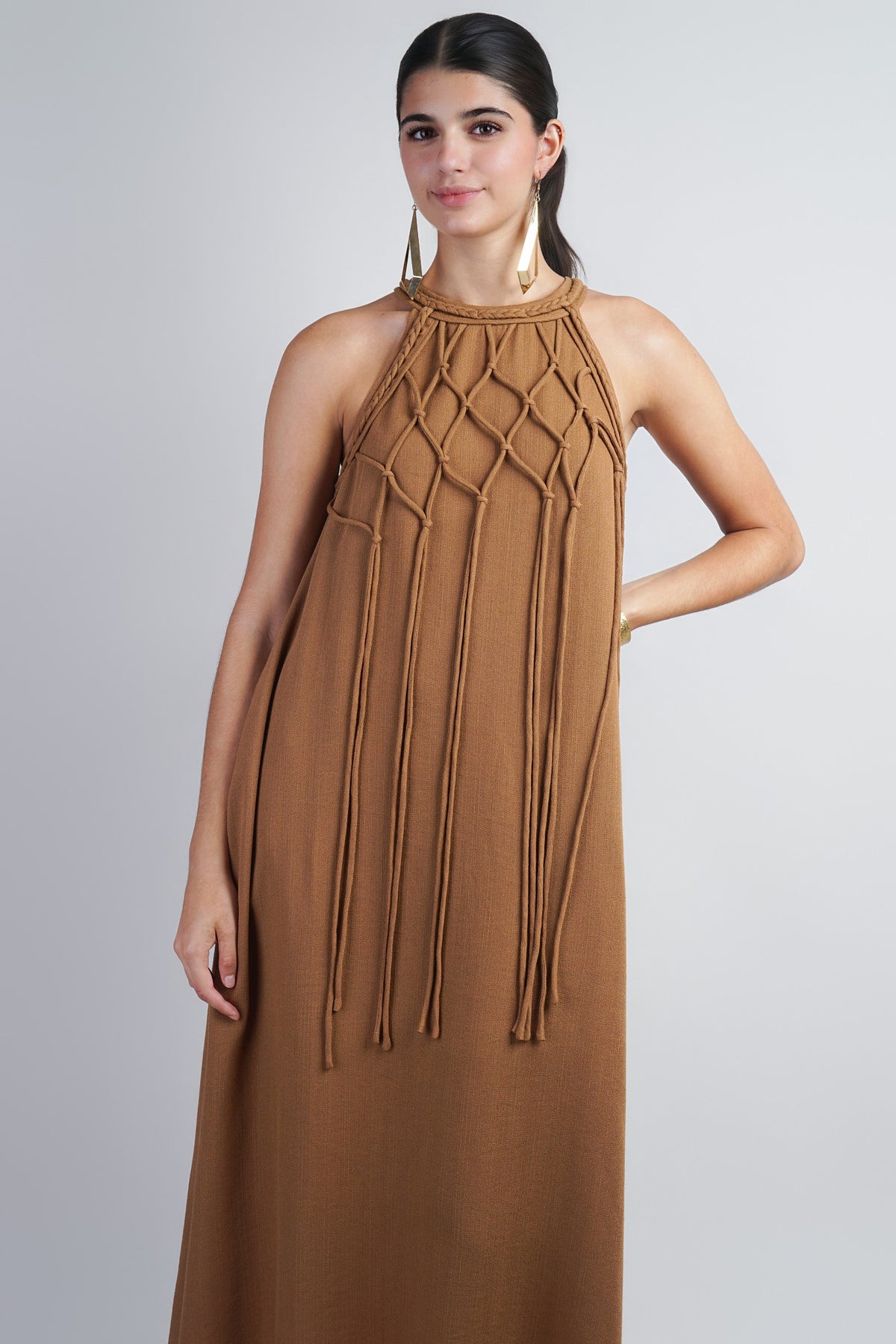 Golden Brown Halter-Macrame Tassel Midi Dress