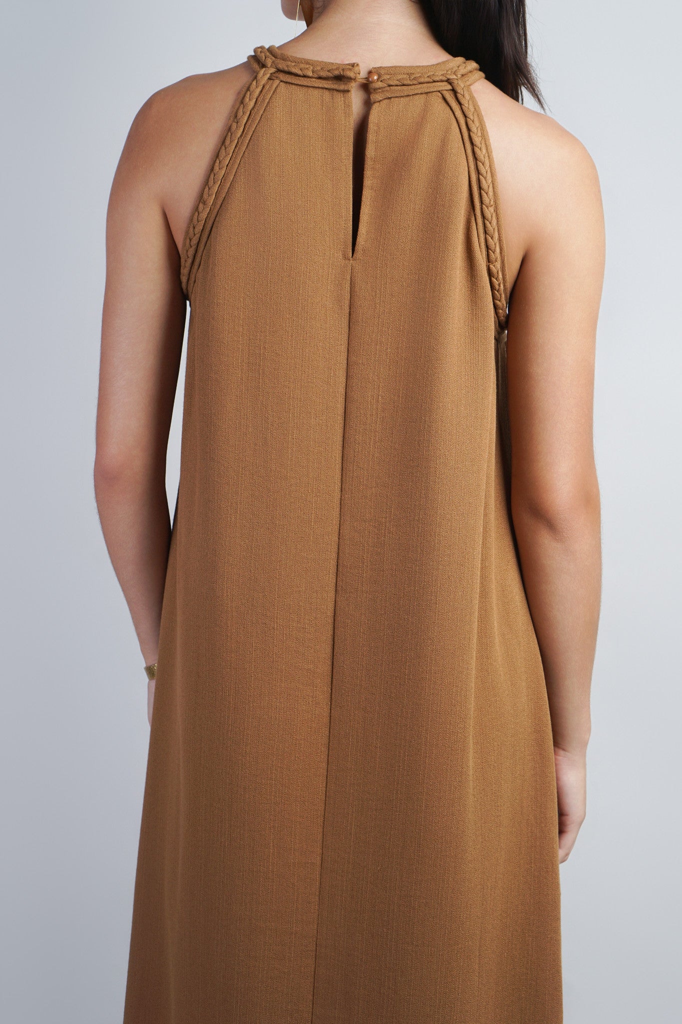 Golden Brown Halter-Macrame Tassel Midi Dress