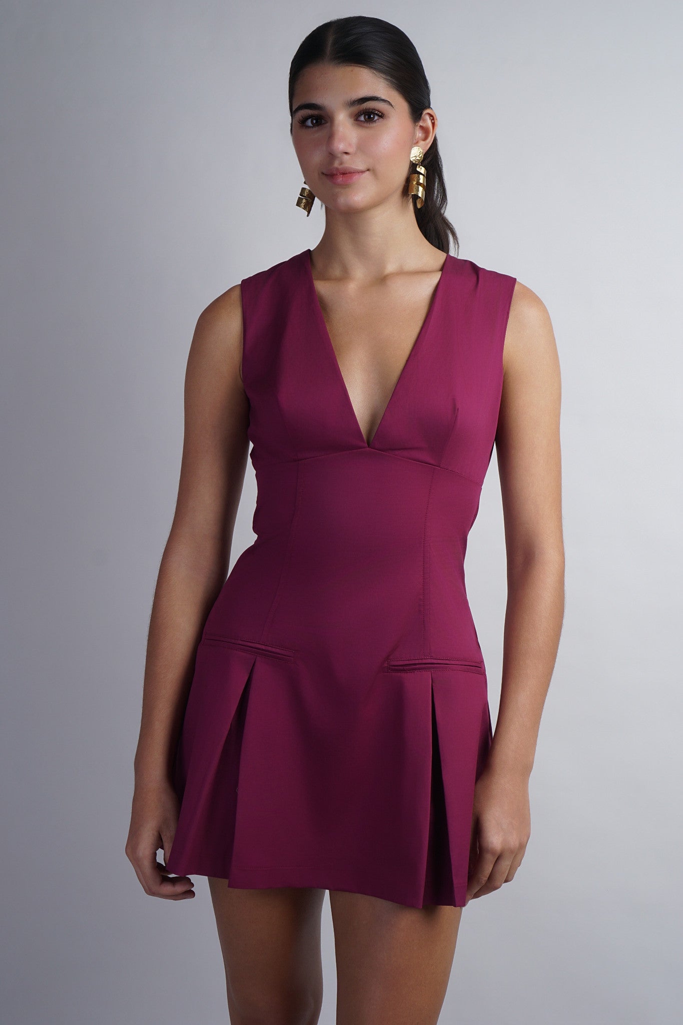 Berry Deep V Neck Mini Dress W/ Pleated Skirt And Fitted Bodice