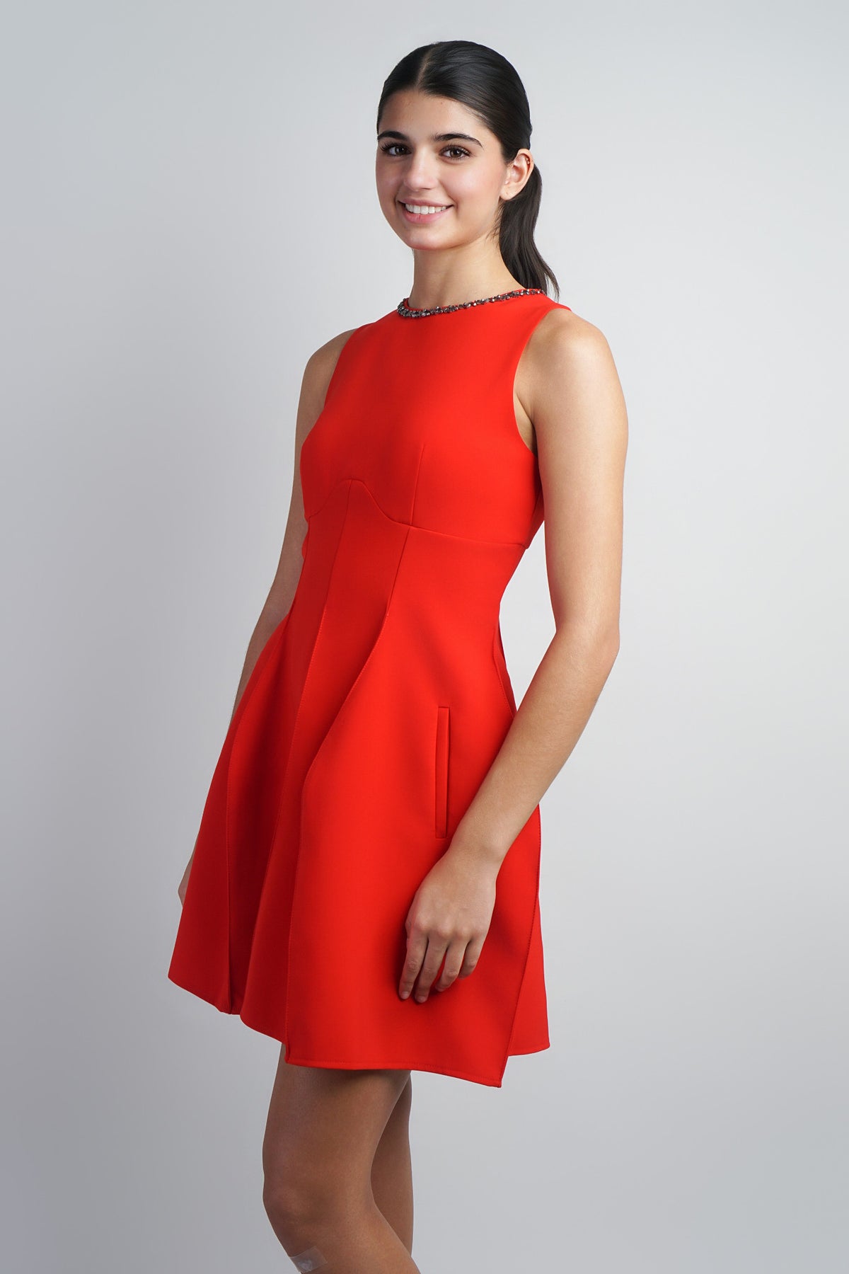 Embellished Crew Neck Dress with Geometric skirt