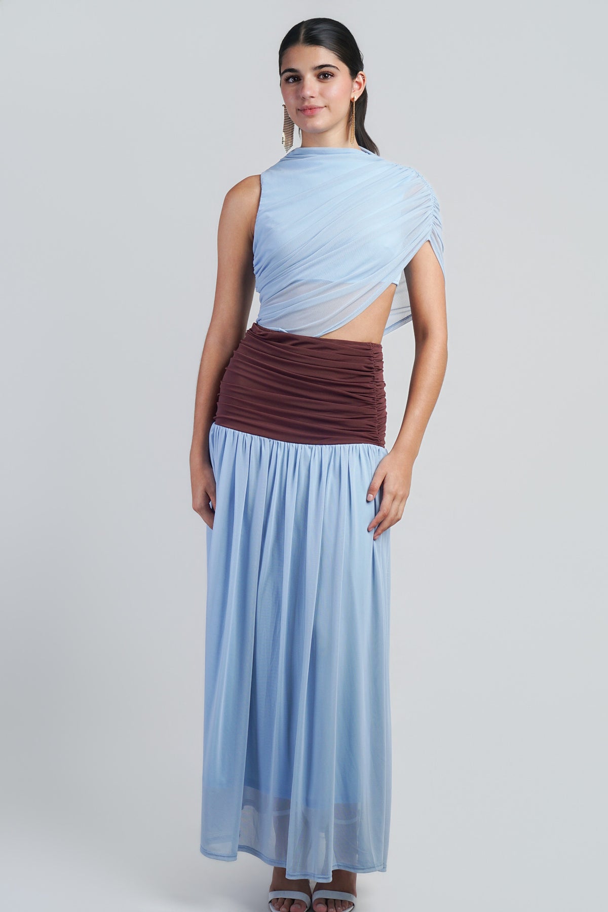 Blue Colorblock Mesh Maxi Dress With Contrast Waist Band