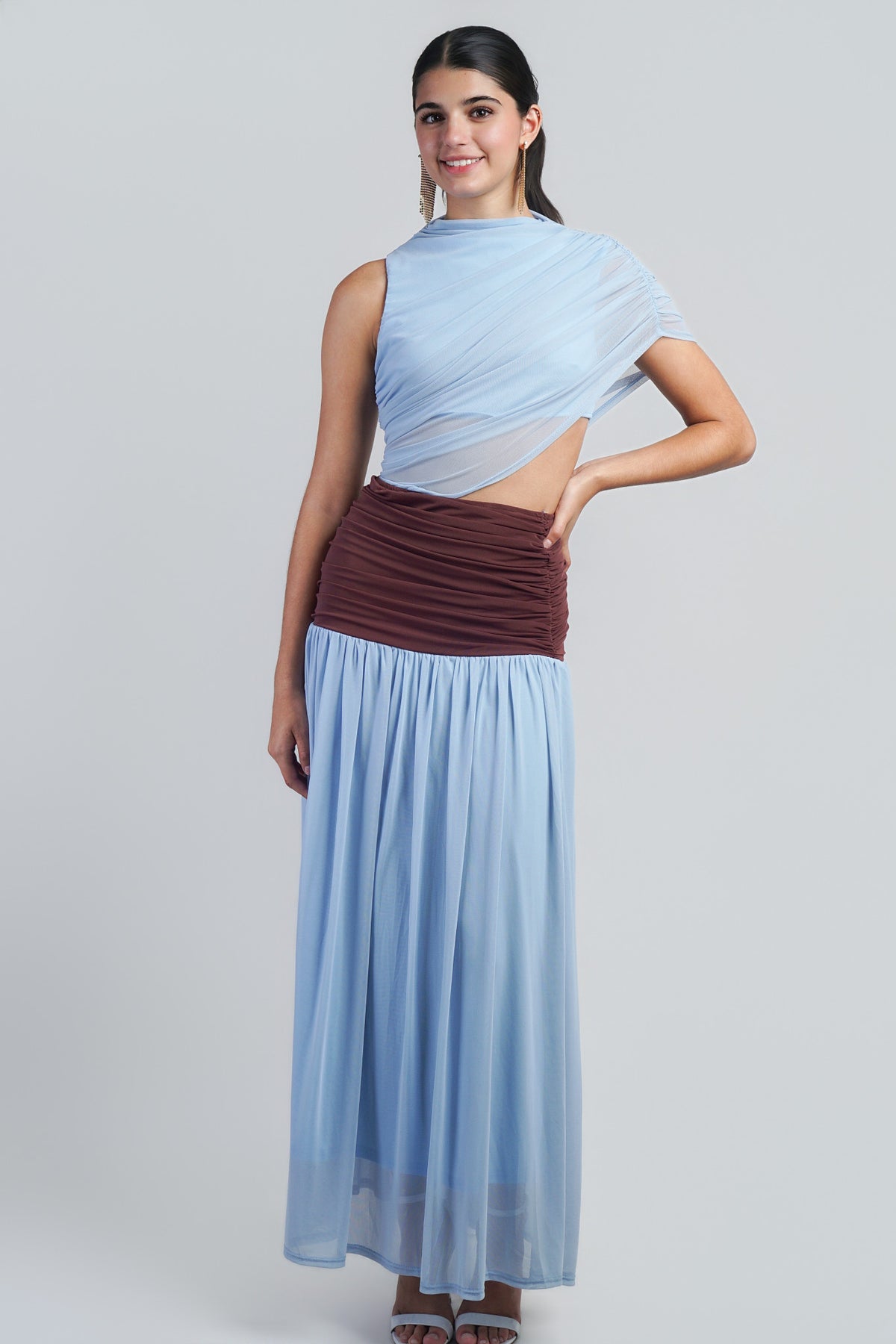 Blue Colorblock Mesh Maxi Dress With Contrast Waist Band