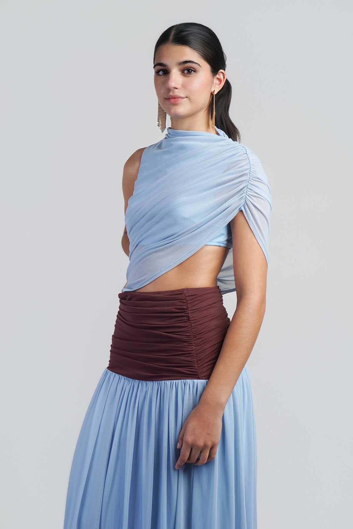 Blue Colorblock Mesh Maxi Dress With Contrast Waist Band