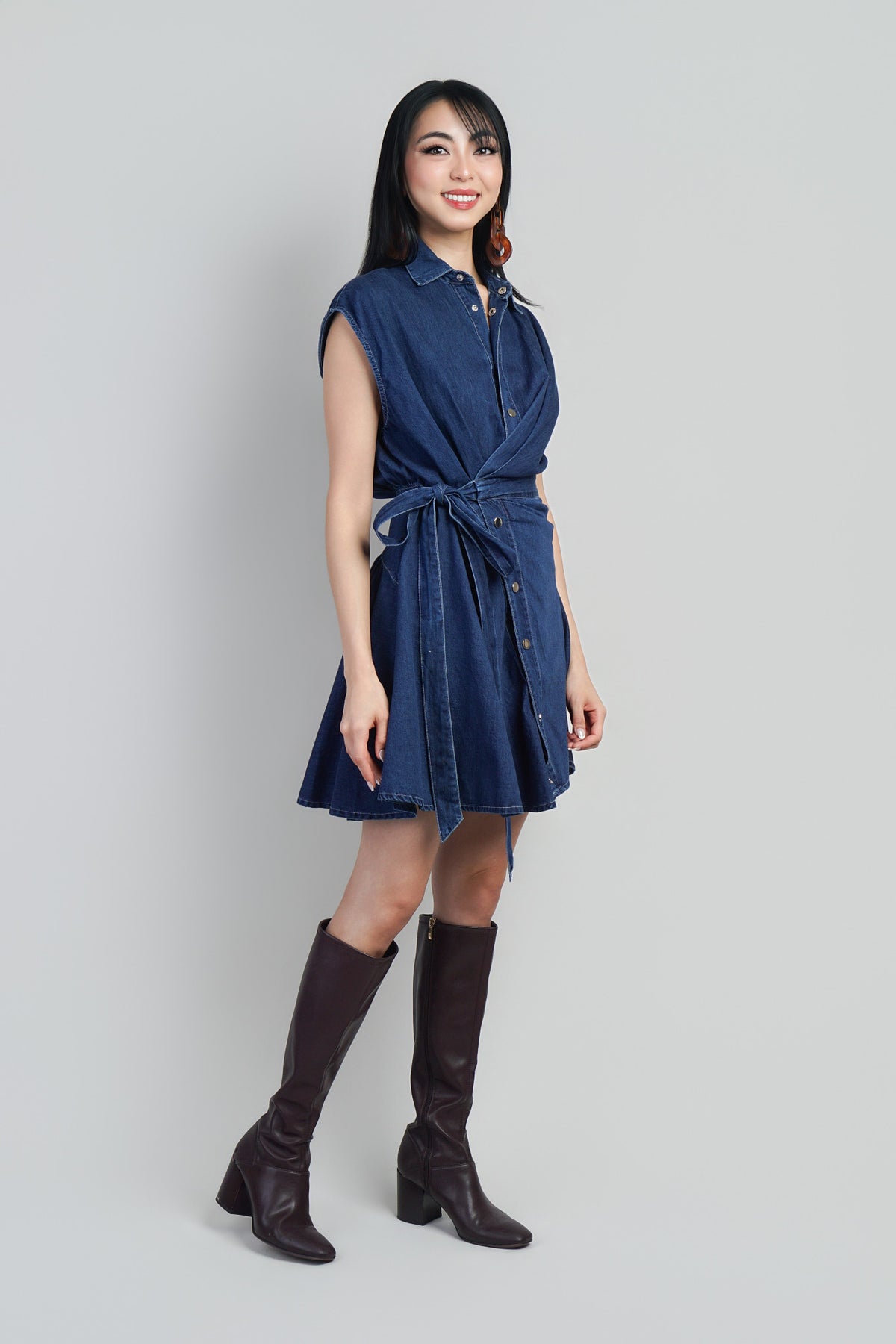 Blue Denim Asym Tie Waist Puff Sleeve Dress