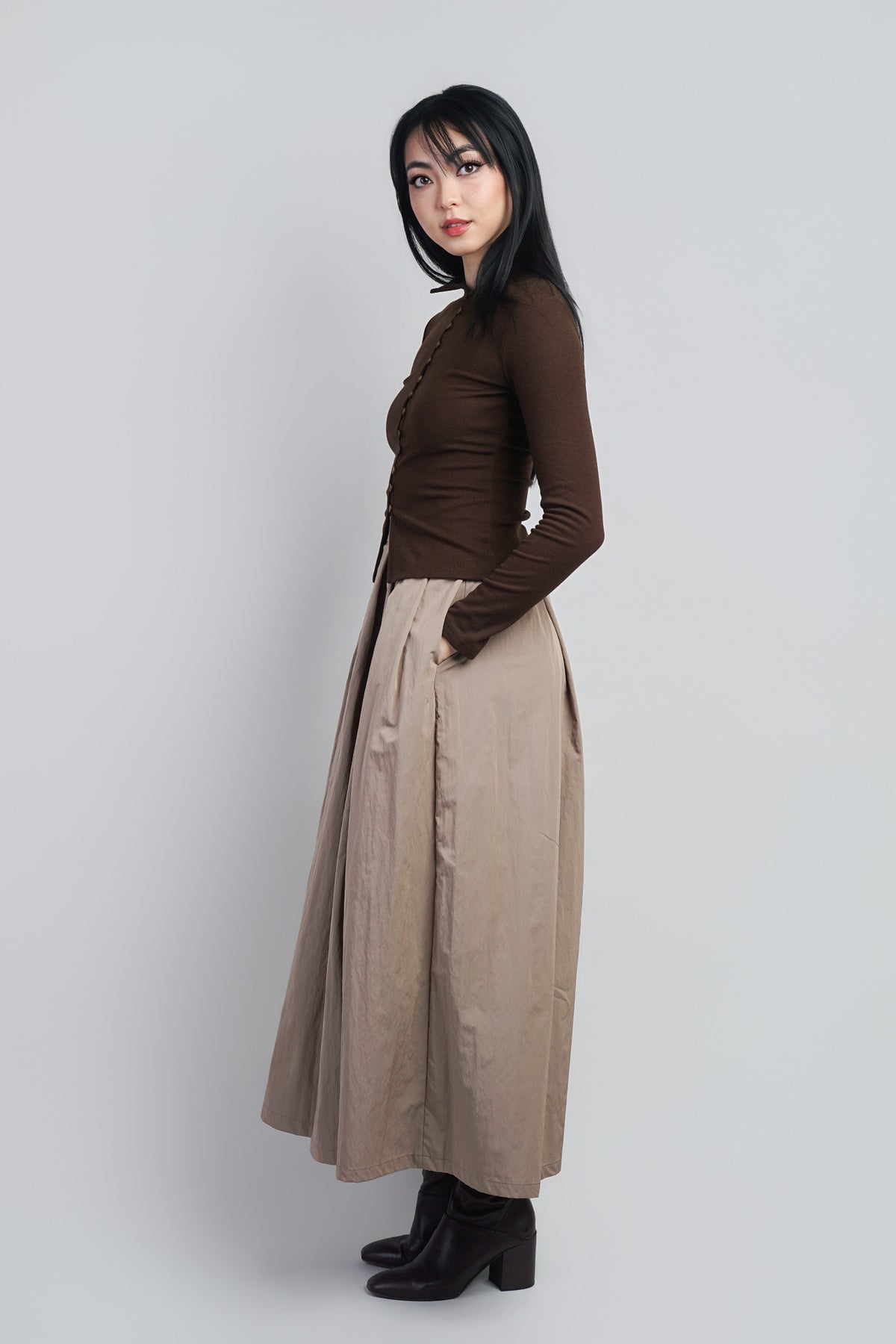 Brown Button Front Mock Neck Sweater Cardigan