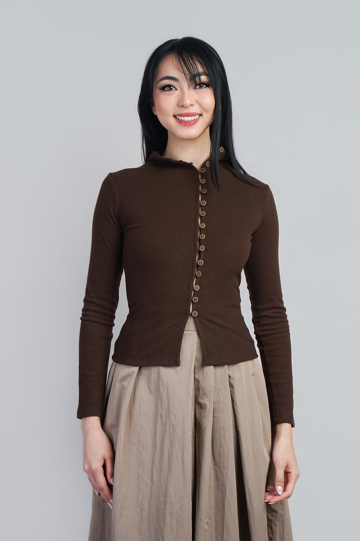 Brown Button Front Mock Neck Sweater Cardigan