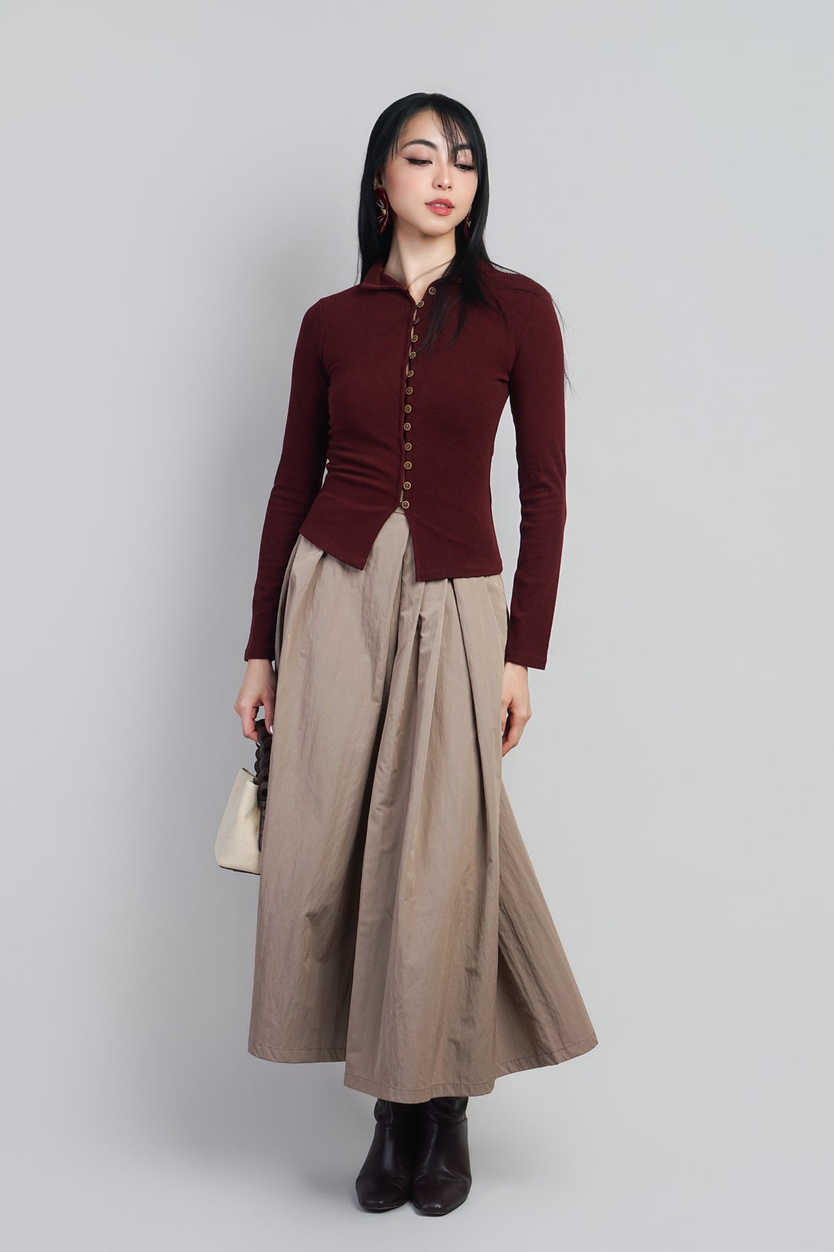 OX Blood Button Front Mock Neck Long Sweater Cardigan