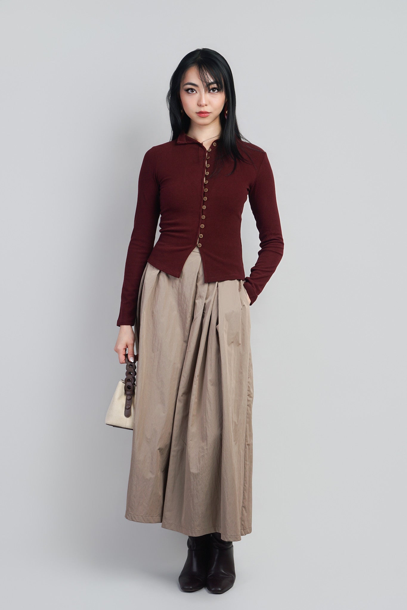 OX Blood Button Front Mock Neck Long Sweater Cardigan