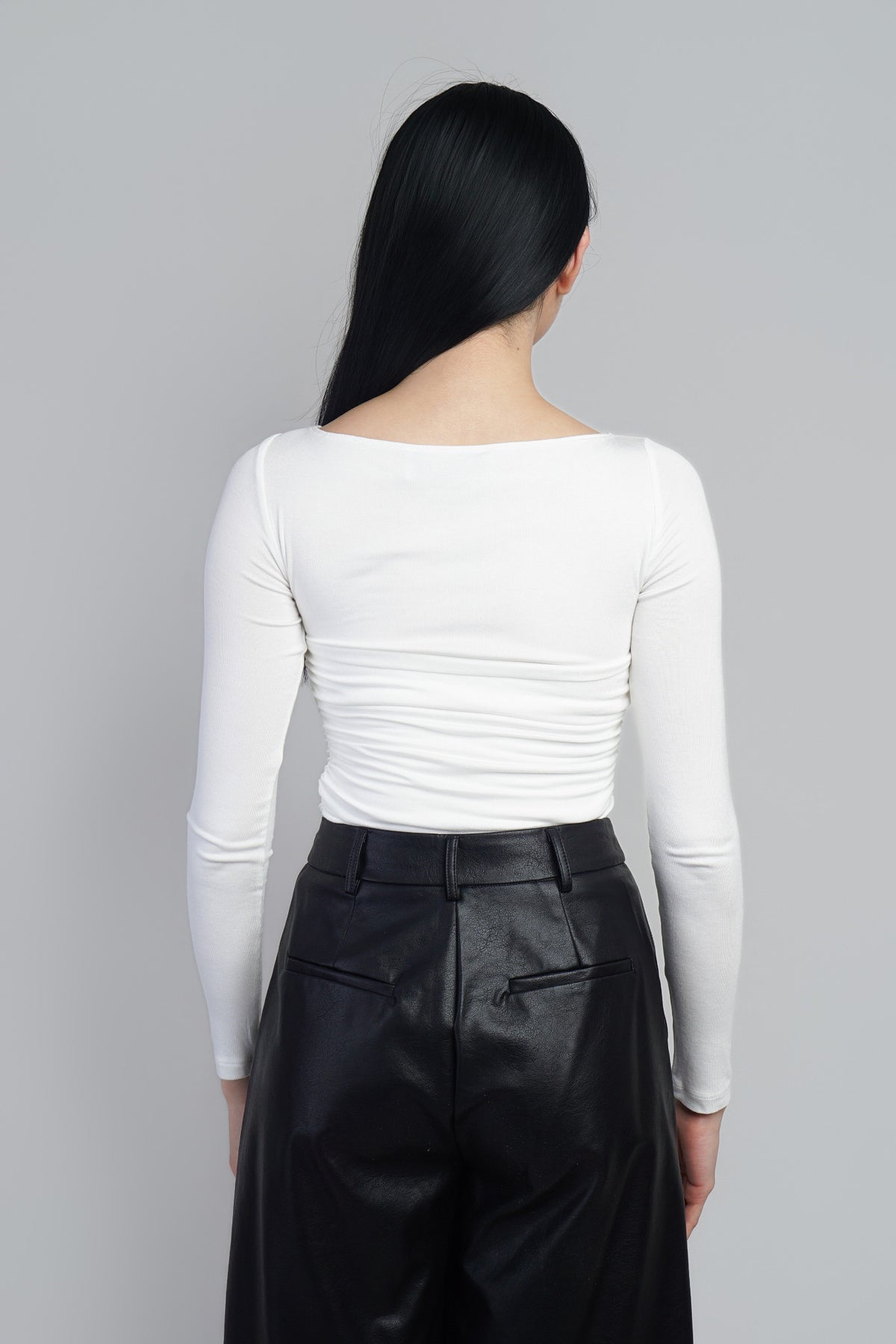 Ivory Layered Ruched Bodice Long Sleeve Knit Top