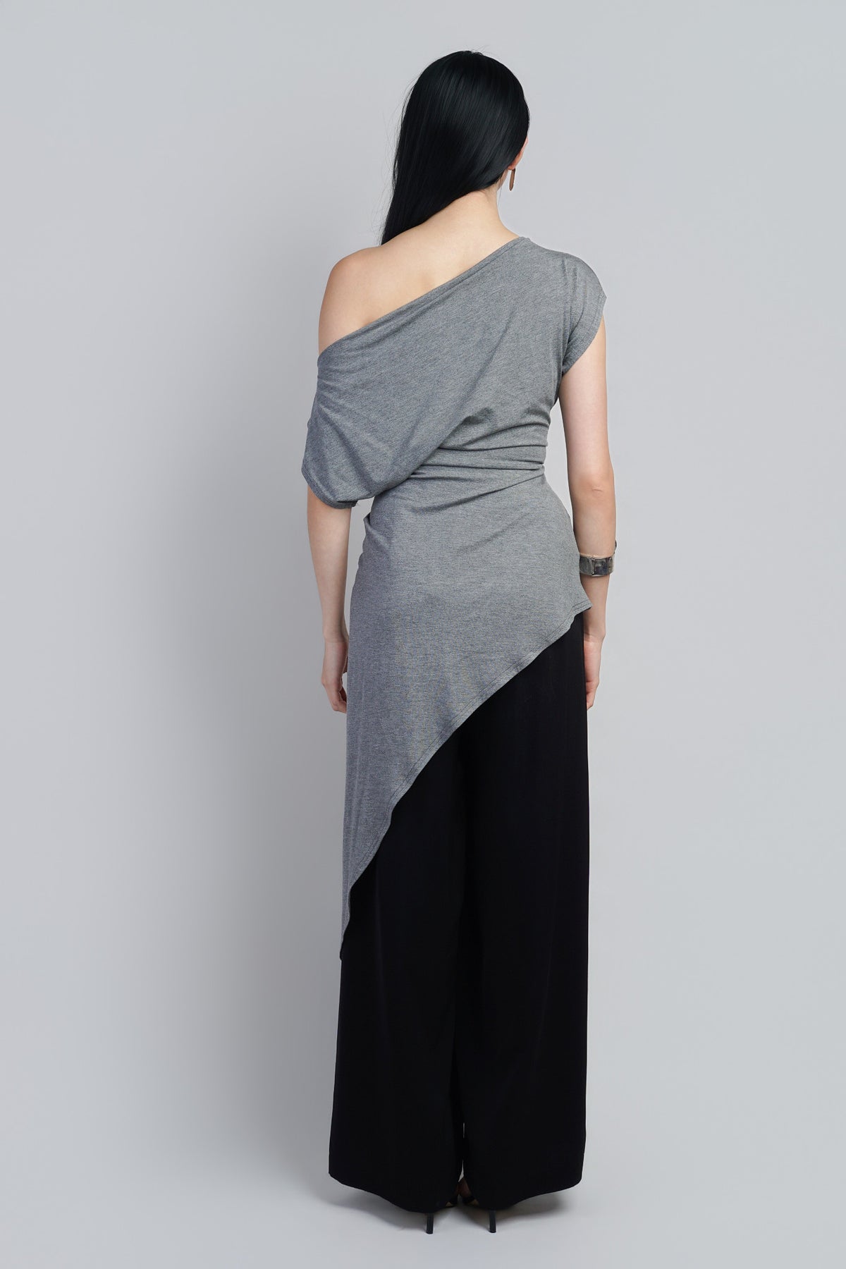Indie Heather Grey Asym Long Side Drape Top :PREORDER