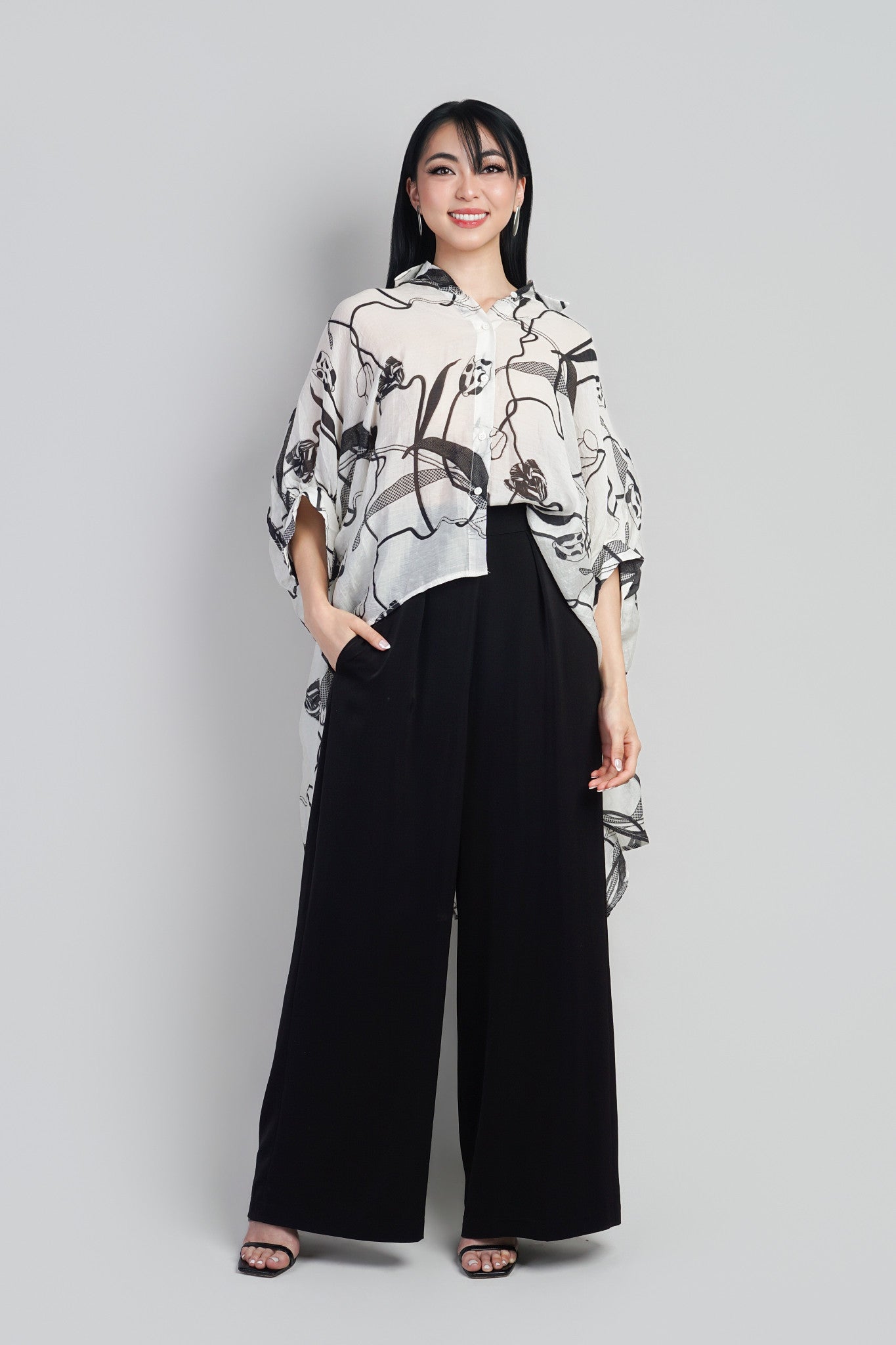 Ivory Abstract Print Sheer Hi-low Button Down Tunic