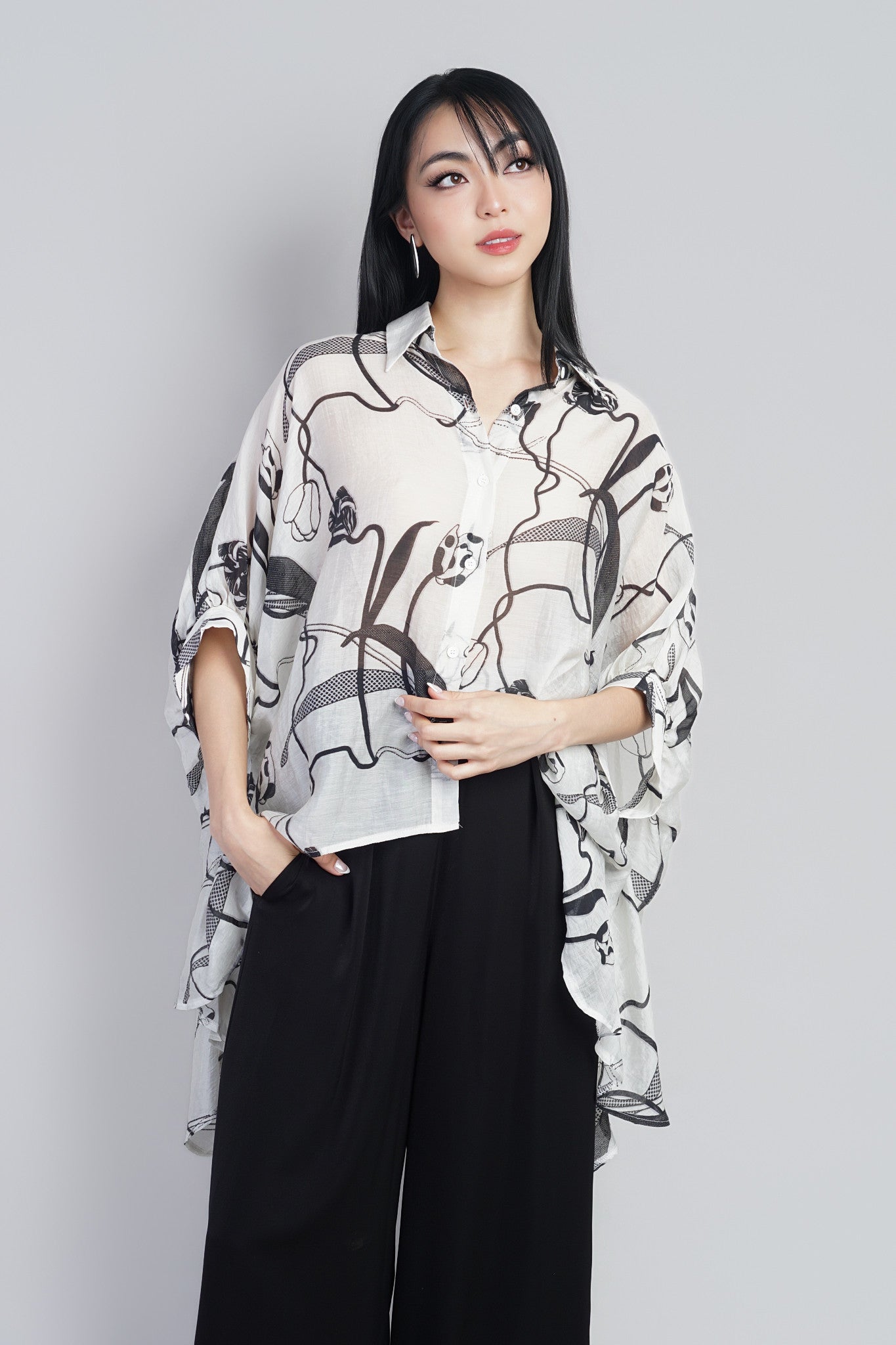 Ivory Abstract Print Sheer Hi-low Button Down Tunic