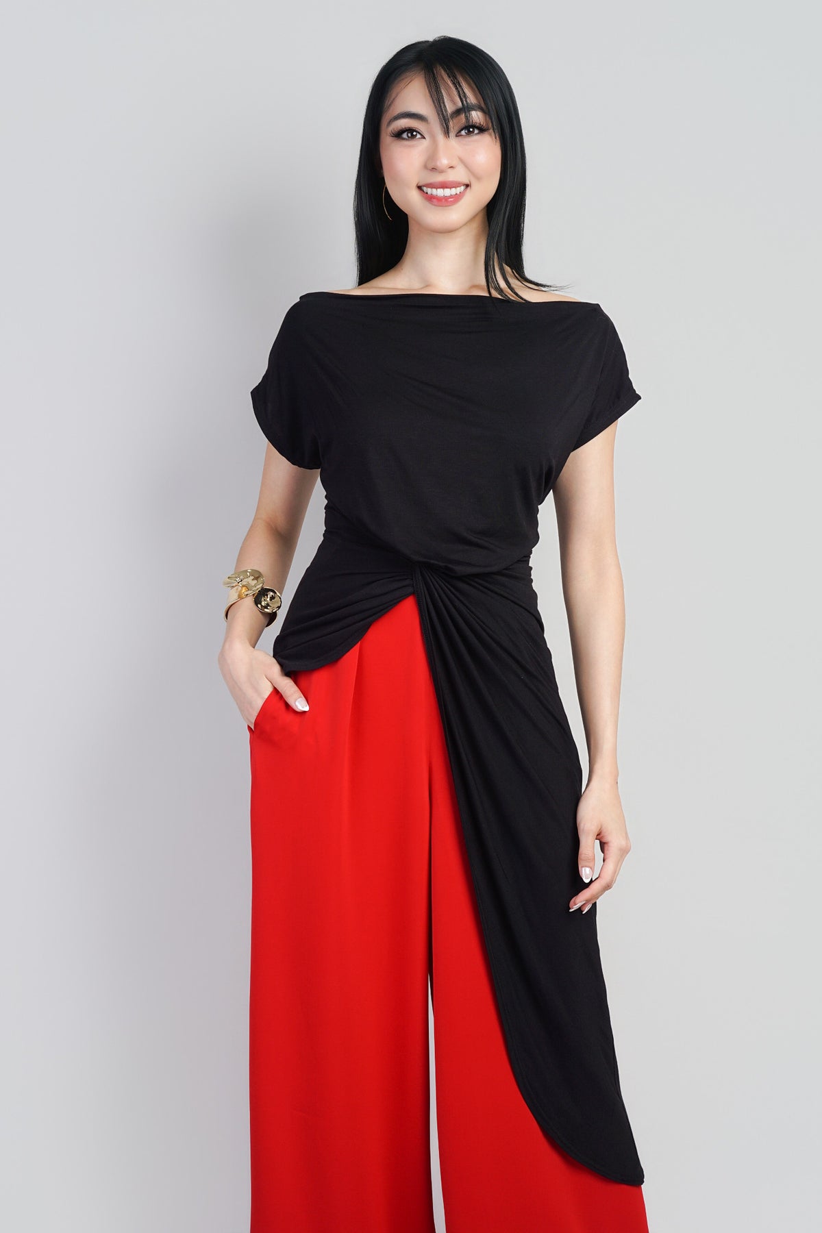 Indie Black Asym Long Side Drape Top :PREORDER