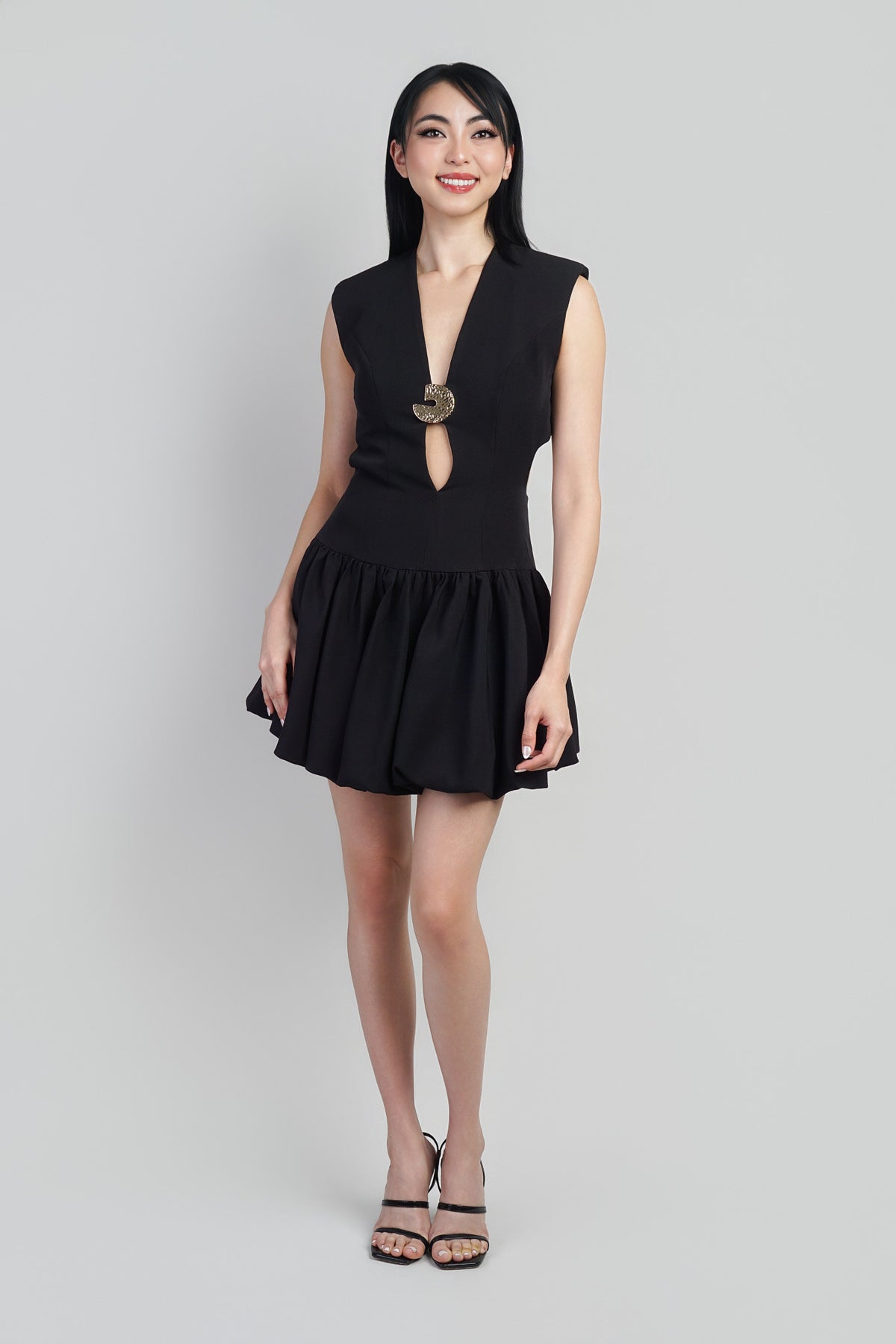 Black V Neck Drape Waist Puffball Dress