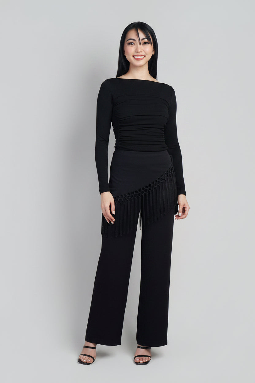Black Layered Ruched Bodice Long Sleeve Knit Top