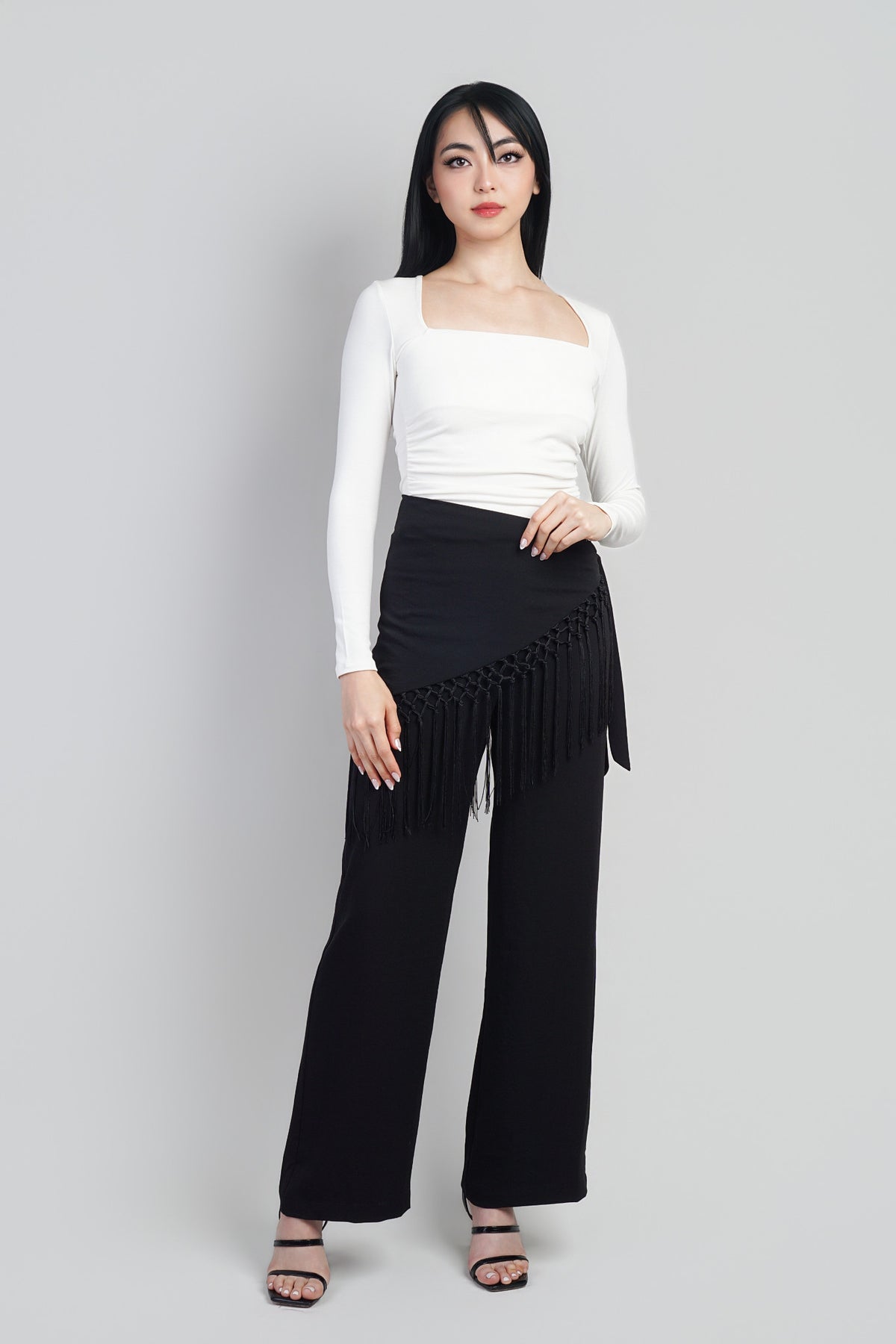 Ivory Square Neck Long Sleeve Ruched Side Knit Top