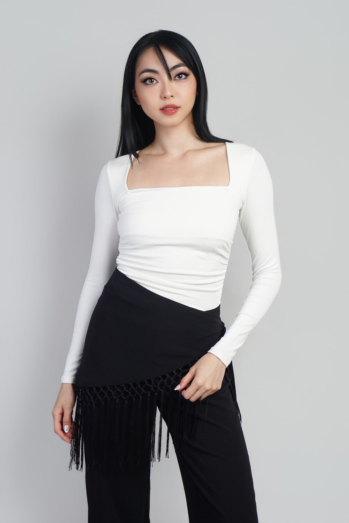 Ivory Square Neck Long Sleeve Ruched Side Knit Top