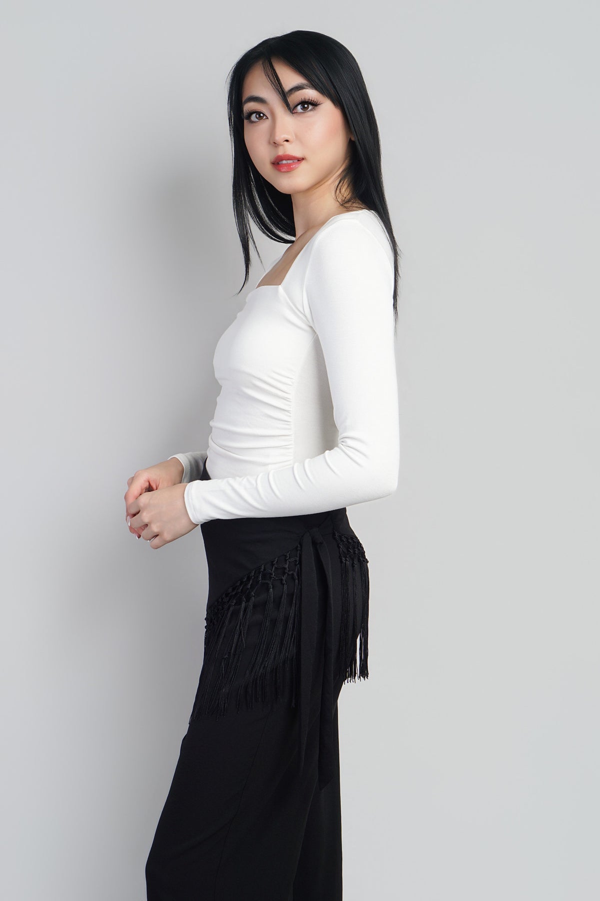Ivory Square Neck Long Sleeve Ruched Side Knit Top