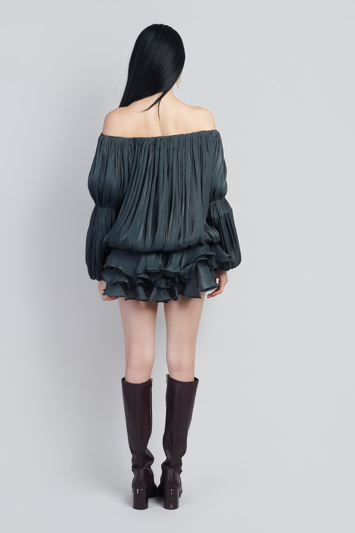 Forest Green Off Shoulder Metallic Sheen Lux Mini Dress