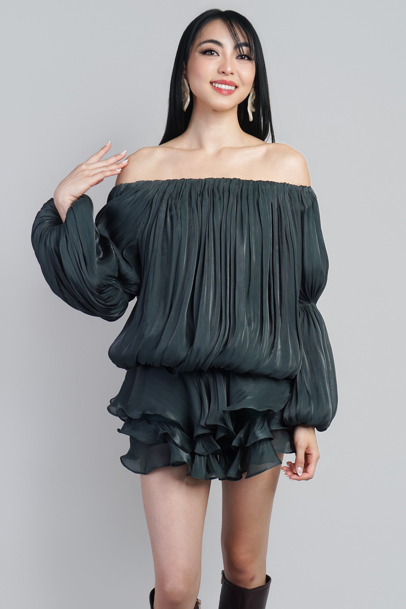 Forest Green Off Shoulder Metallic Sheen Lux Mini Dress