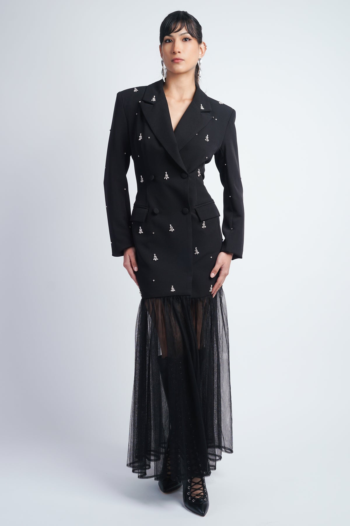 Black Embellished Tulle Maxi Blazer Dress