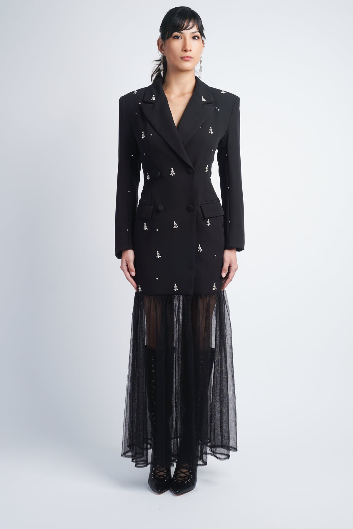 Black Embellished Tulle Maxi Blazer Dress