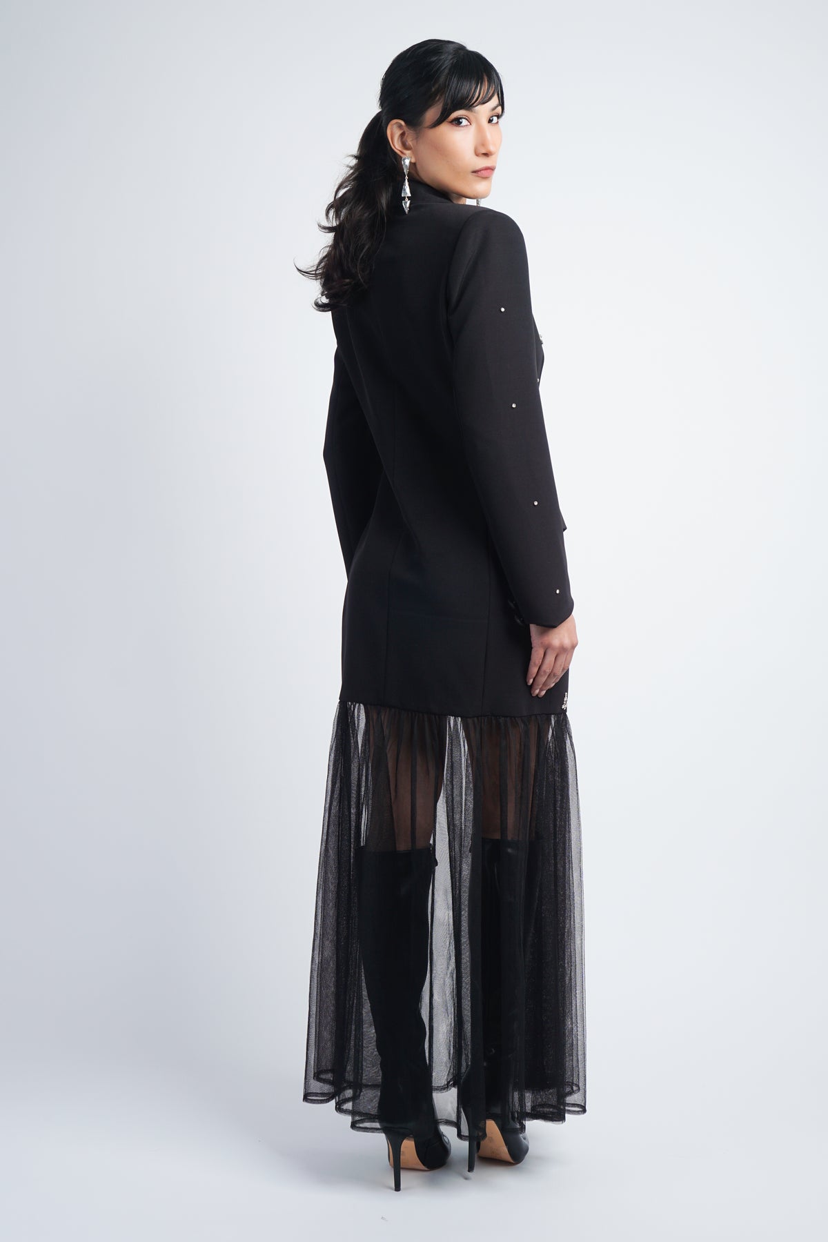 Black Embellished Tulle Maxi Blazer Dress